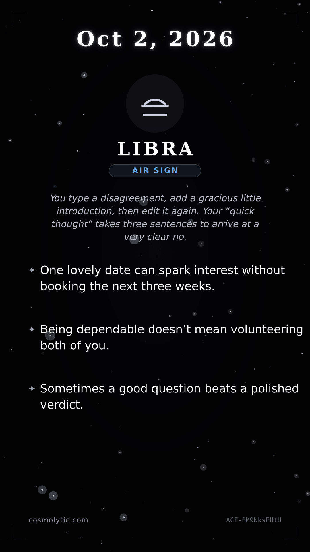 Libra daily horoscope card for October 2, 2026