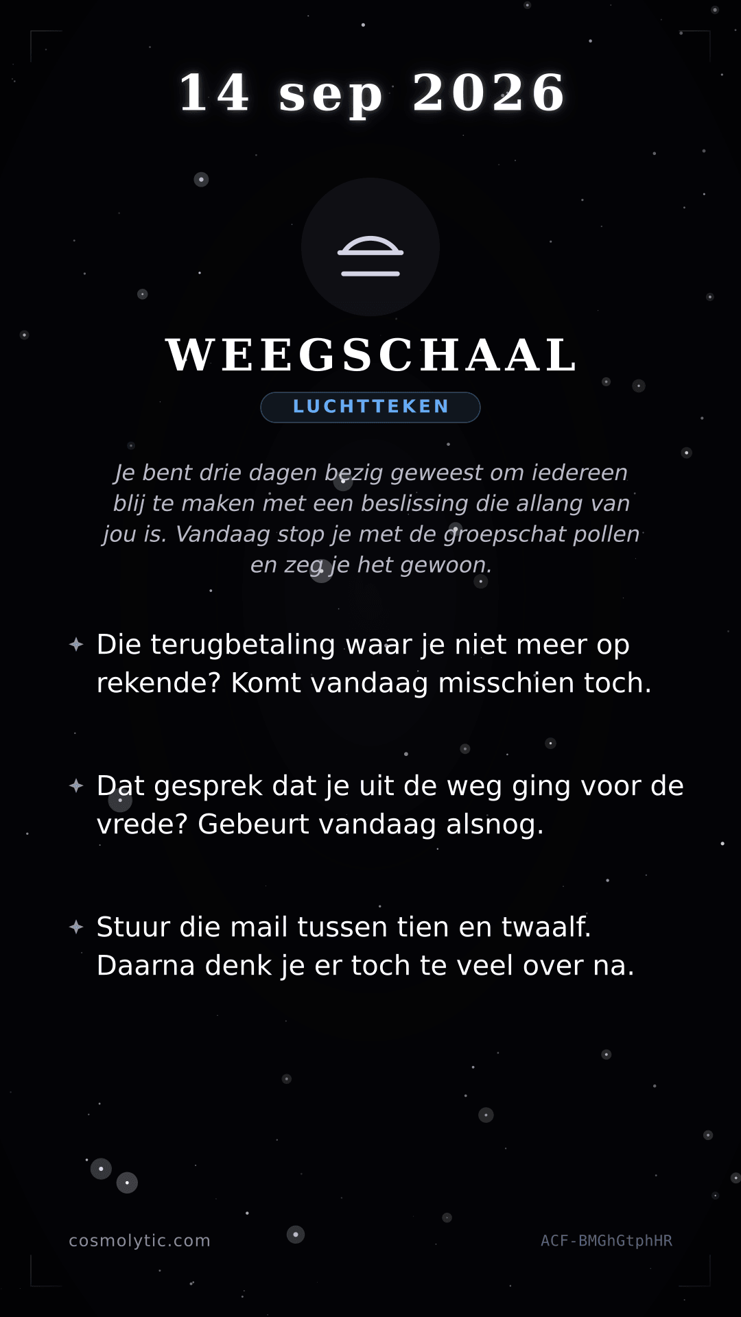 Weegschaal daghoroscoop kaart voor 14 september 2026