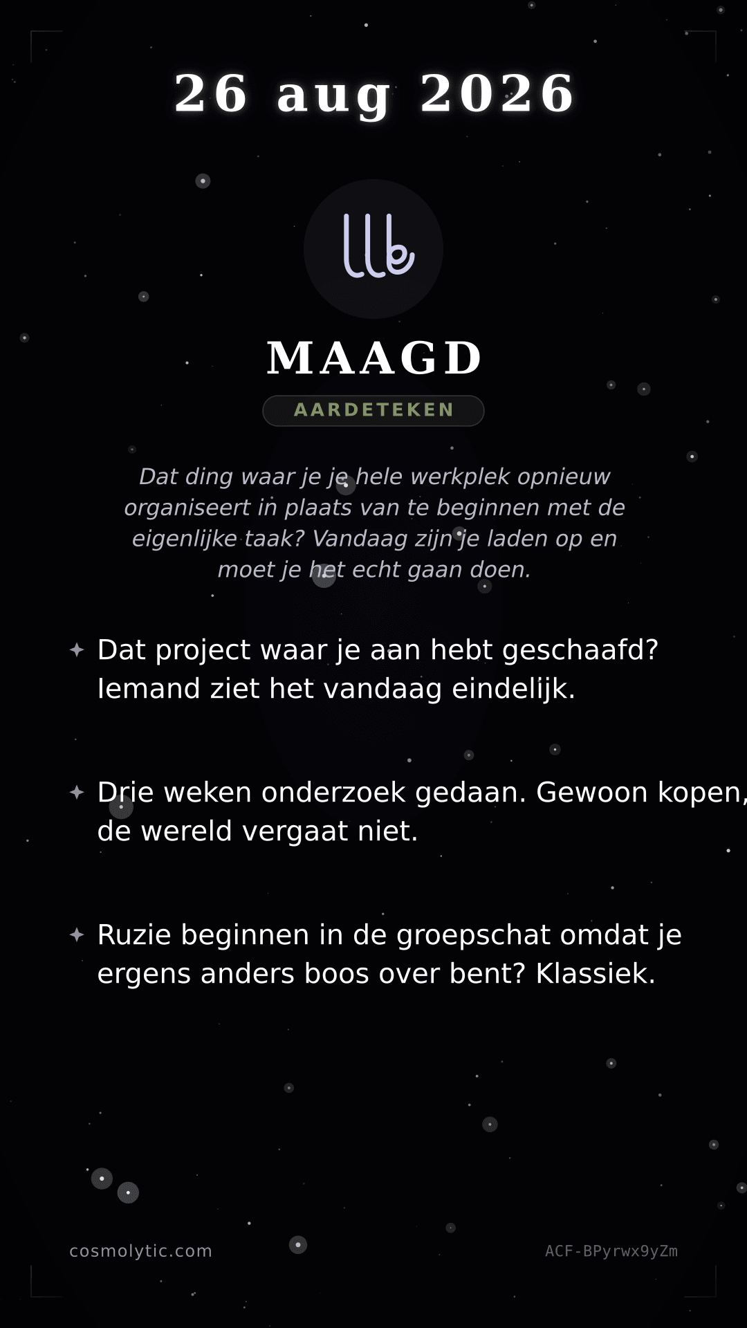 Maagd daghoroscoop kaart voor 26 augustus 2026