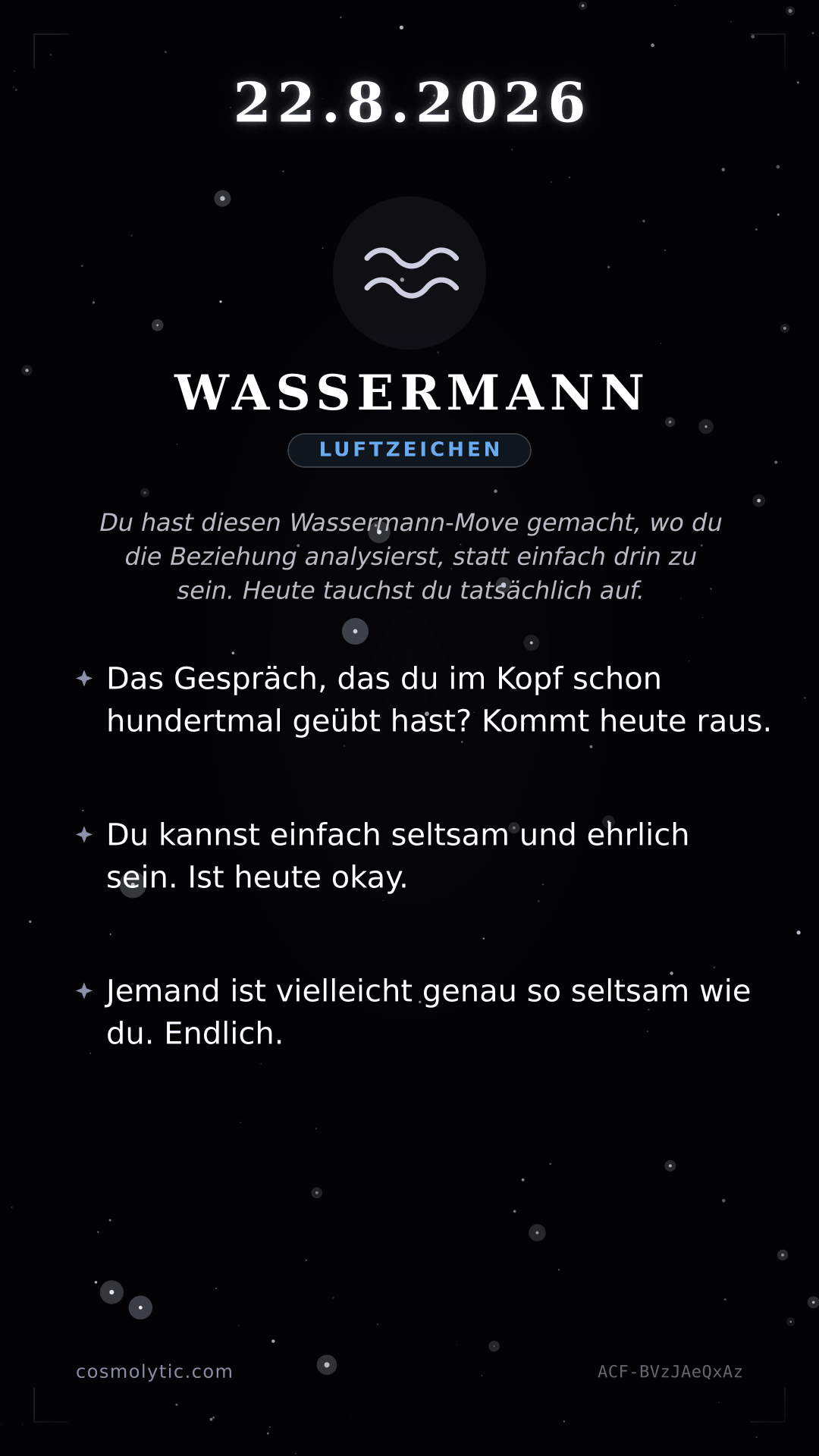Wassermann Tageshoroskop-Karte für 22. August 2026