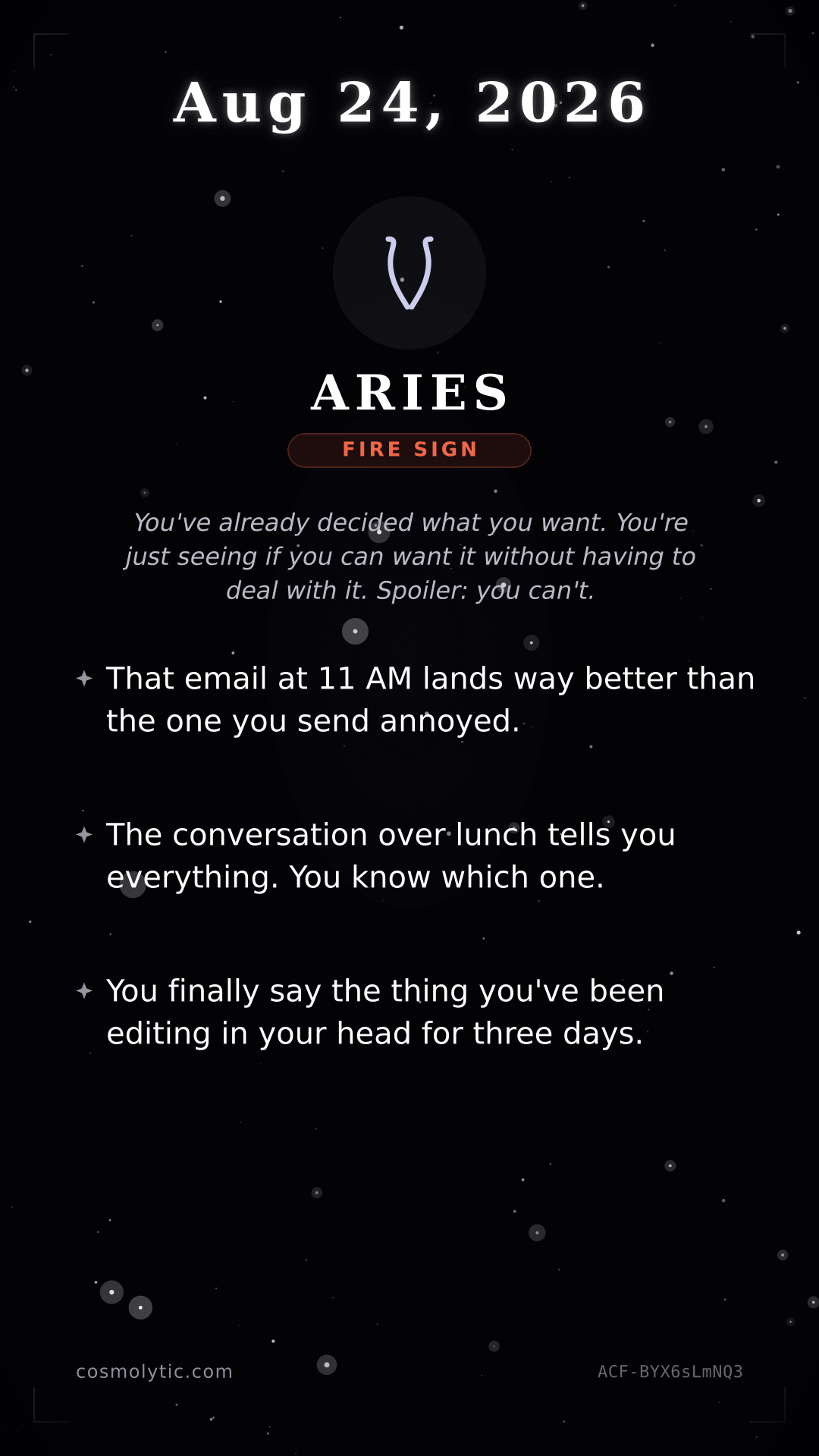 Aries daily horoscope card for August 24, 2026