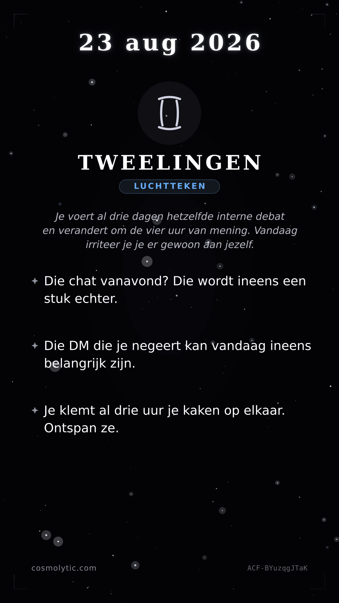 Tweelingen daghoroscoop kaart voor 23 augustus 2026