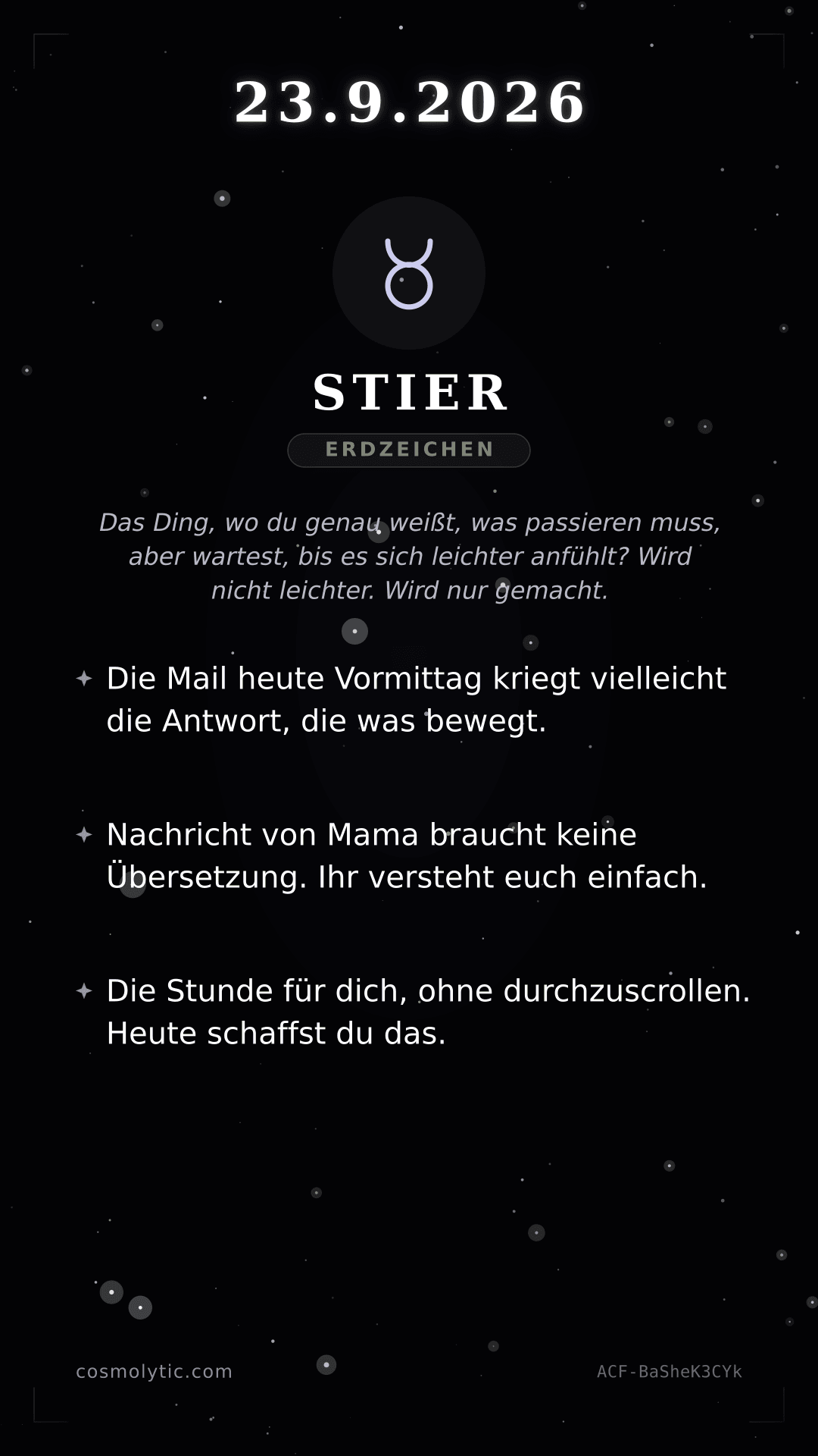 Stier Tageshoroskop-Karte für 23. September 2026