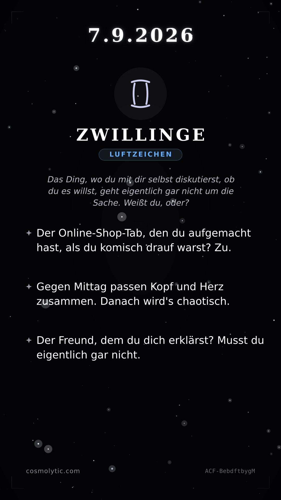 Zwillinge Tageshoroskop-Karte für 7. September 2026