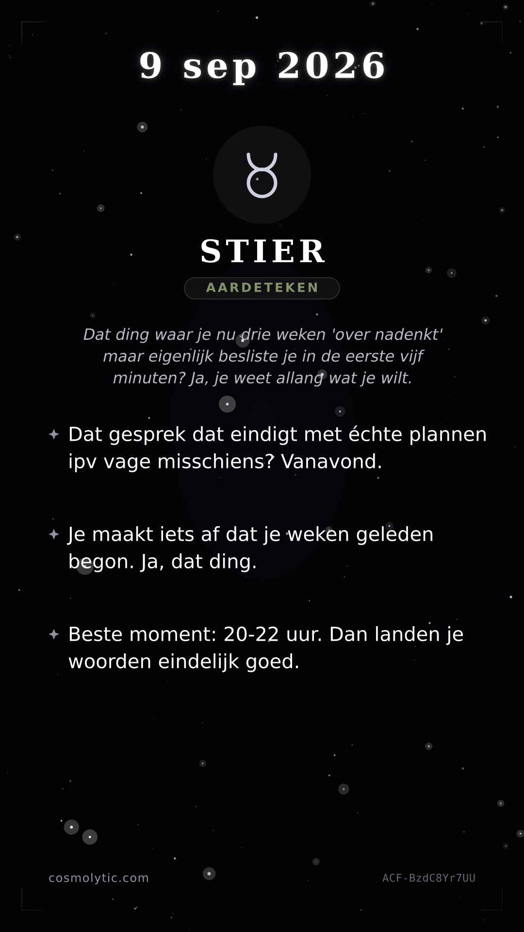 Stier daghoroscoop kaart voor 9 september 2026