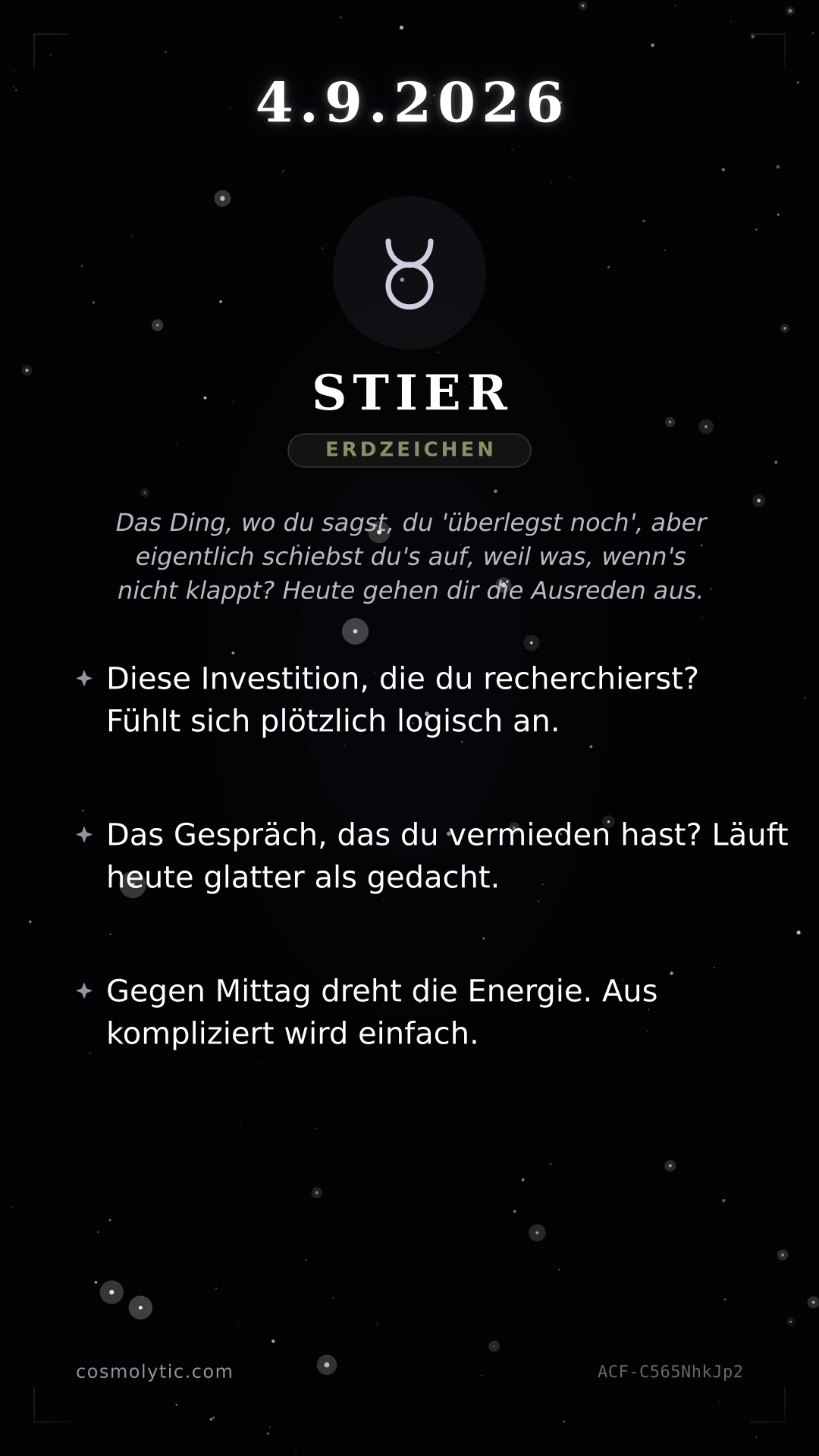 Stier Tageshoroskop-Karte für 4. September 2026