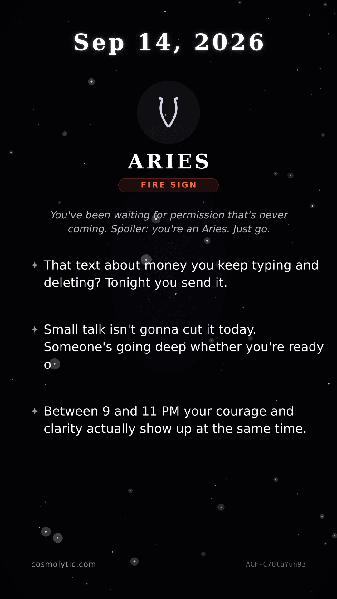 Aries daily horoscope card for September 14, 2026