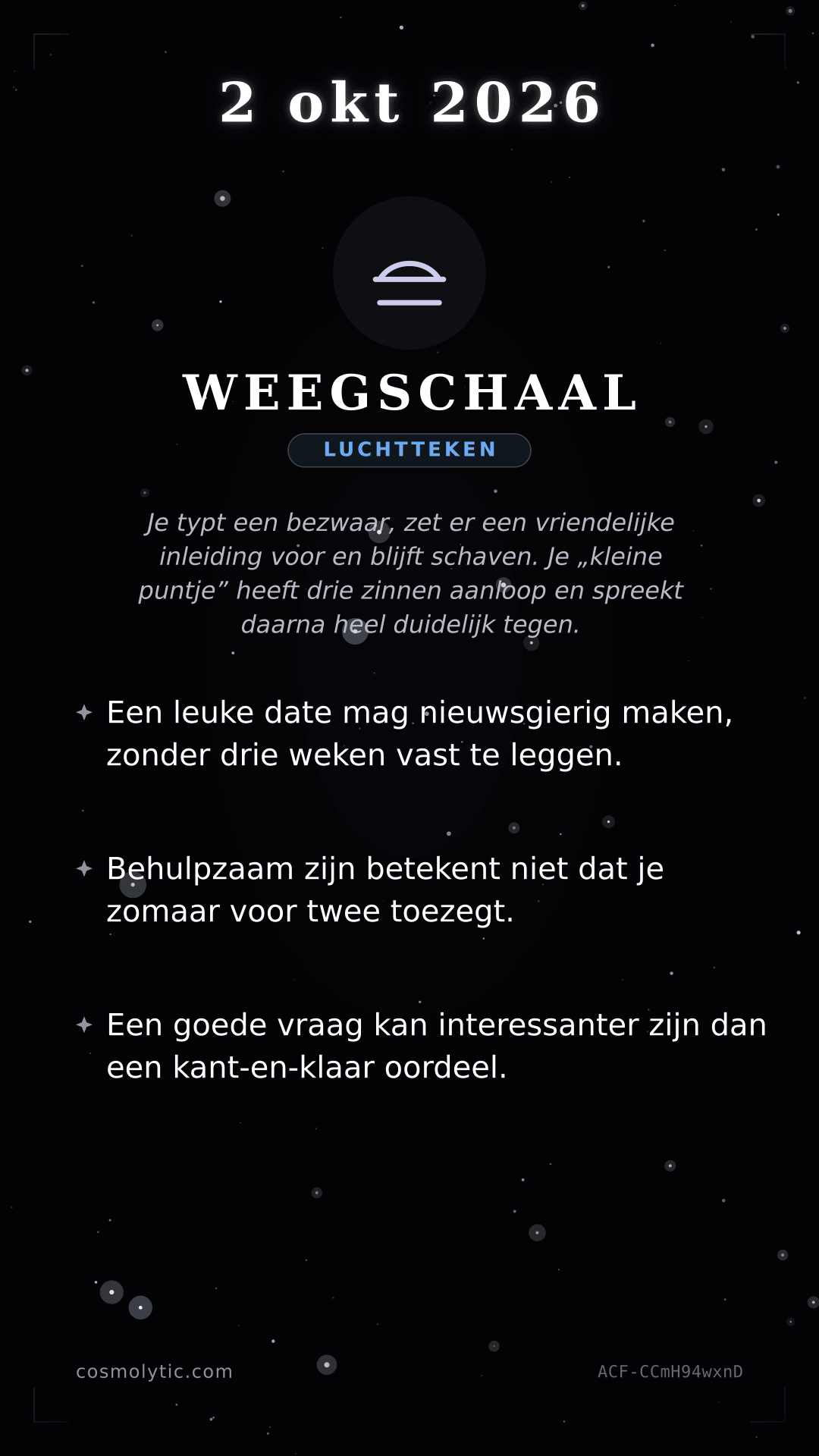 Weegschaal daghoroscoop kaart voor 2 oktober 2026