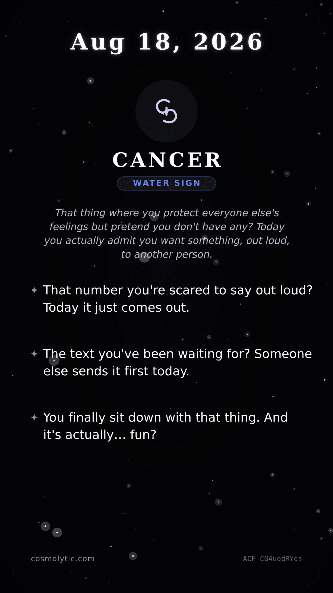 Cancer daily horoscope card for August 18, 2026