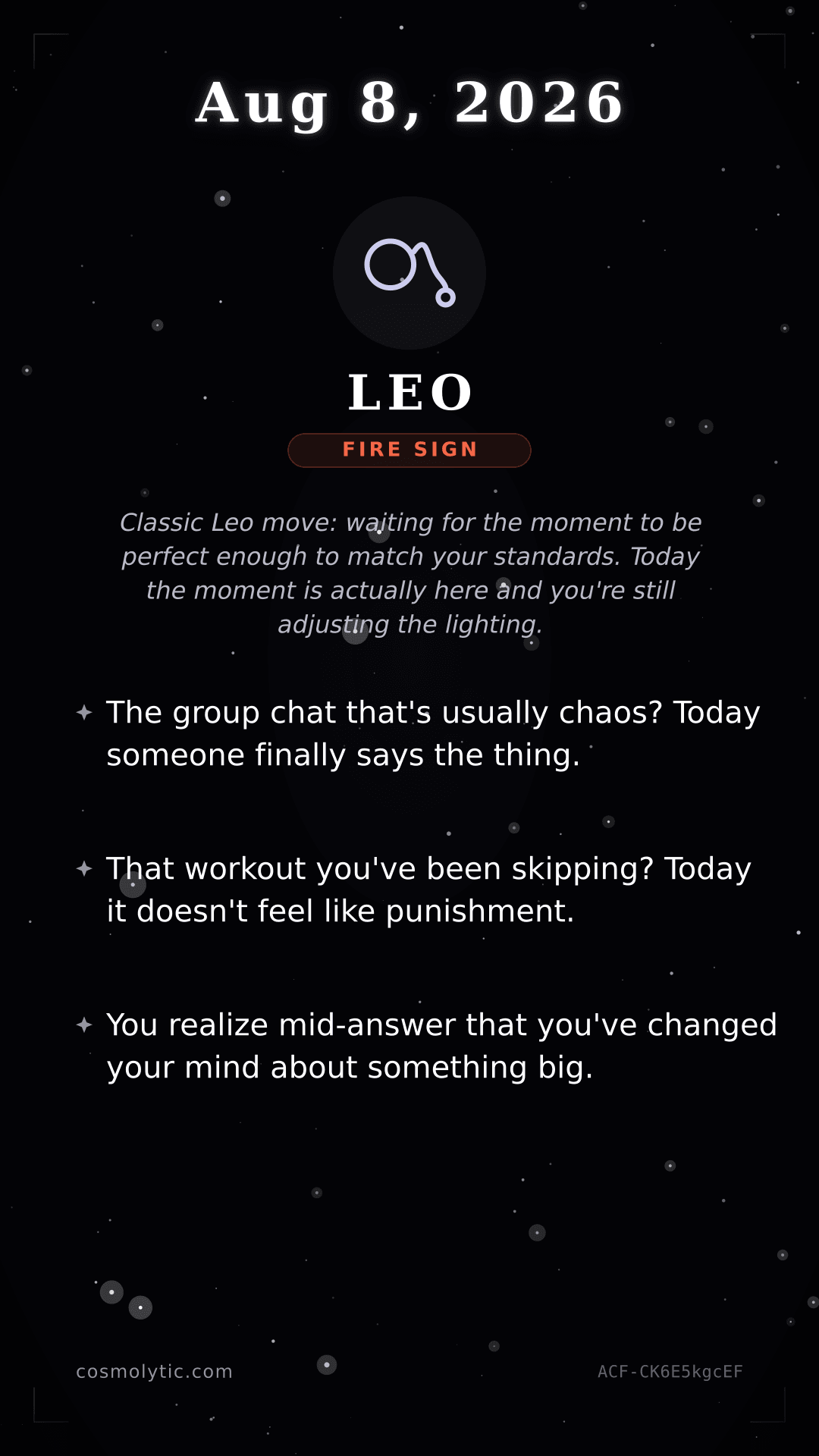 Leo daily horoscope card for August 8, 2026