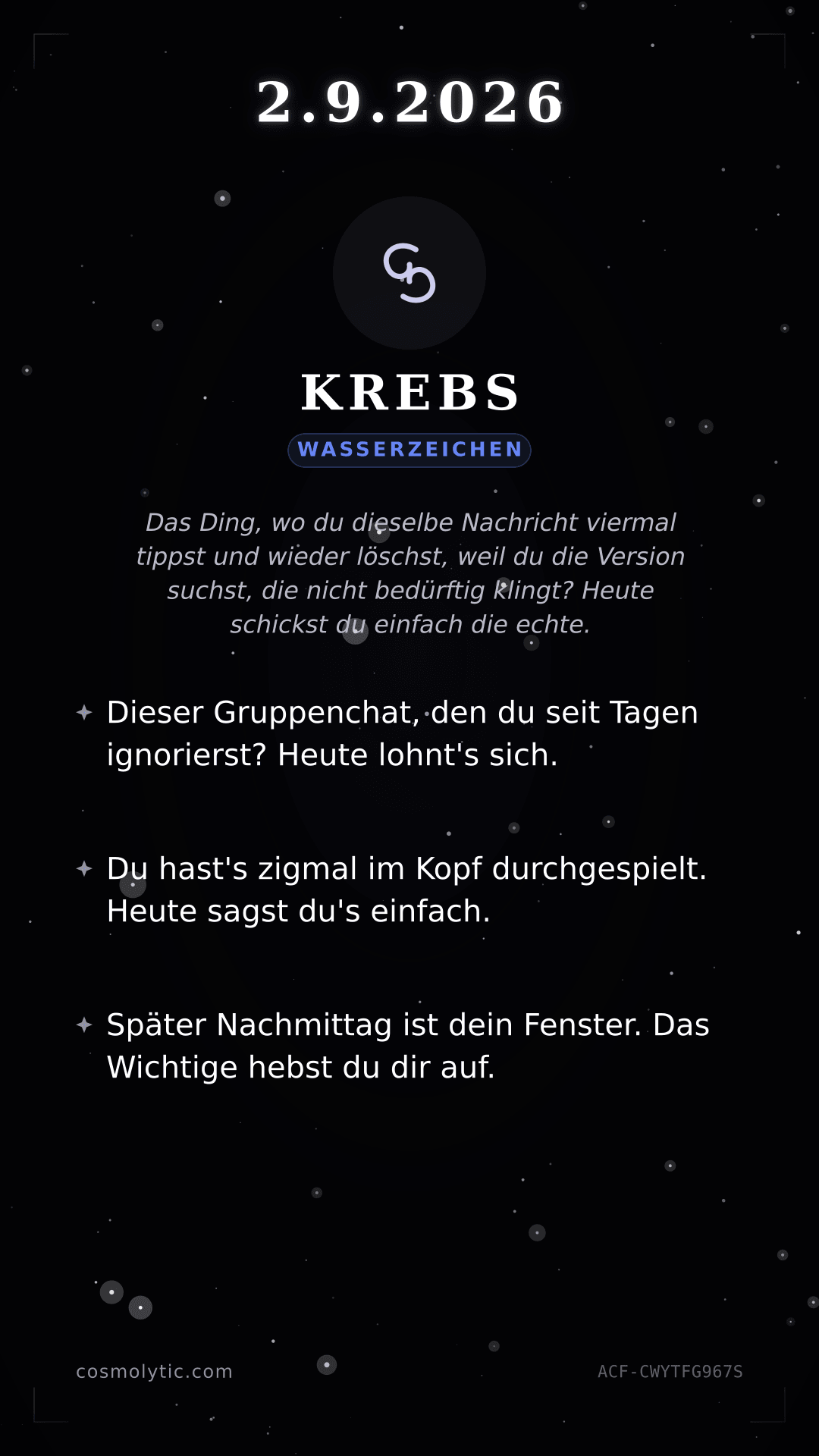 Krebs Tageshoroskop-Karte für 2. September 2026