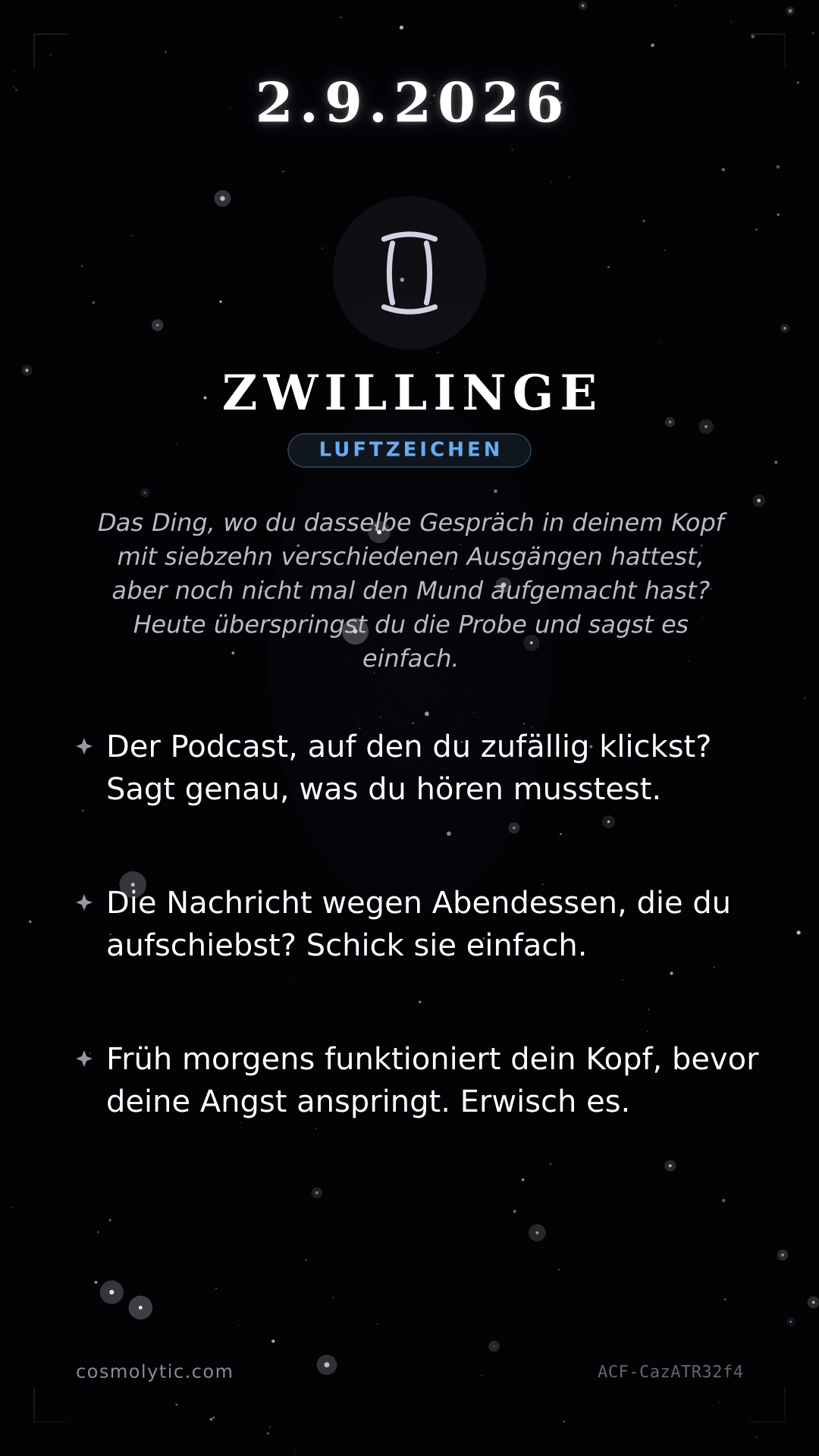 Zwillinge Tageshoroskop-Karte für 2. September 2026