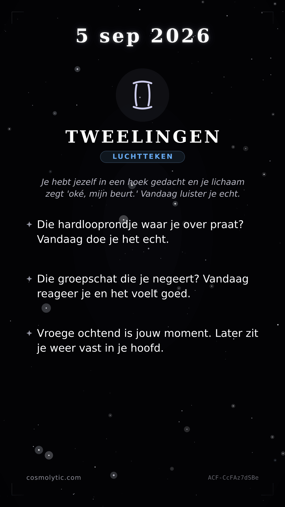 Tweelingen daghoroscoop kaart voor 5 september 2026
