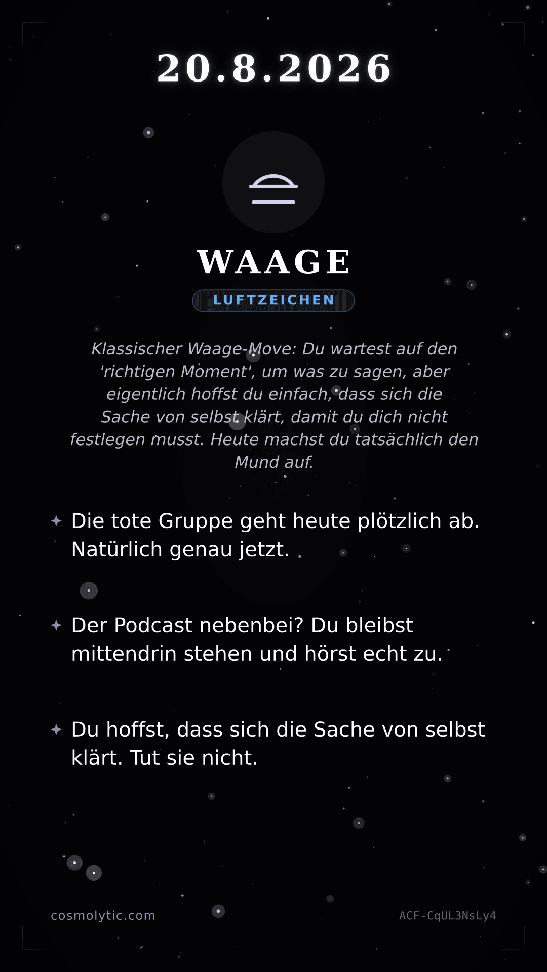 Waage Tageshoroskop-Karte für 20. August 2026