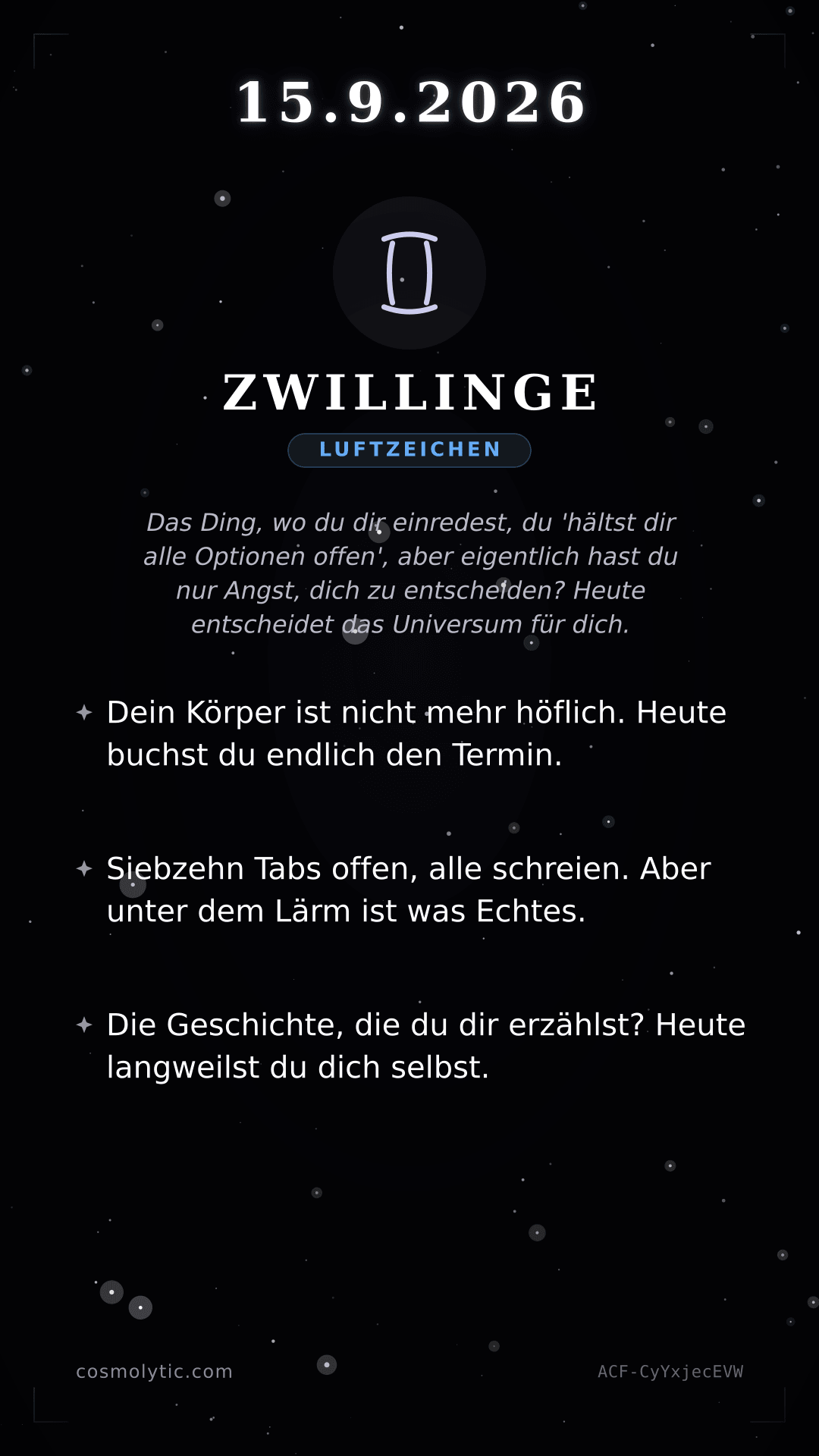 Zwillinge Tageshoroskop-Karte für 15. September 2026