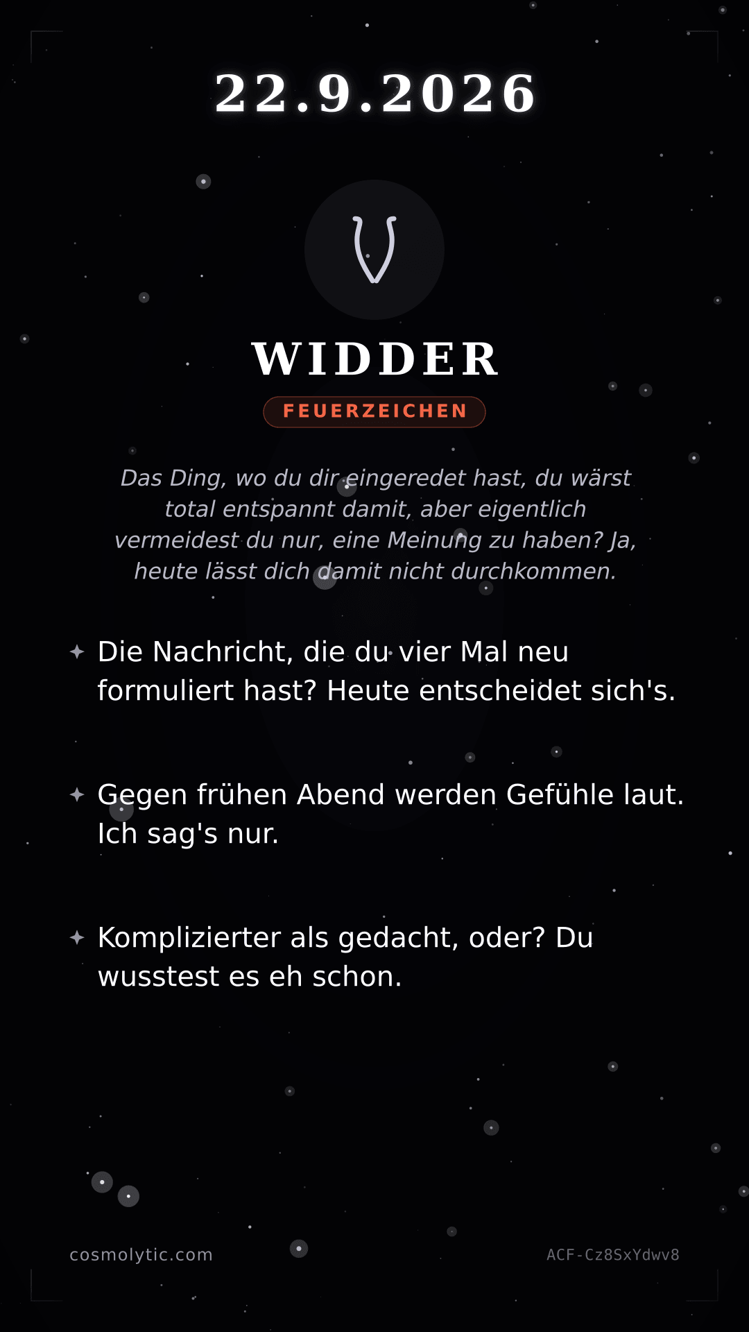 Widder Tageshoroskop-Karte für 22. September 2026