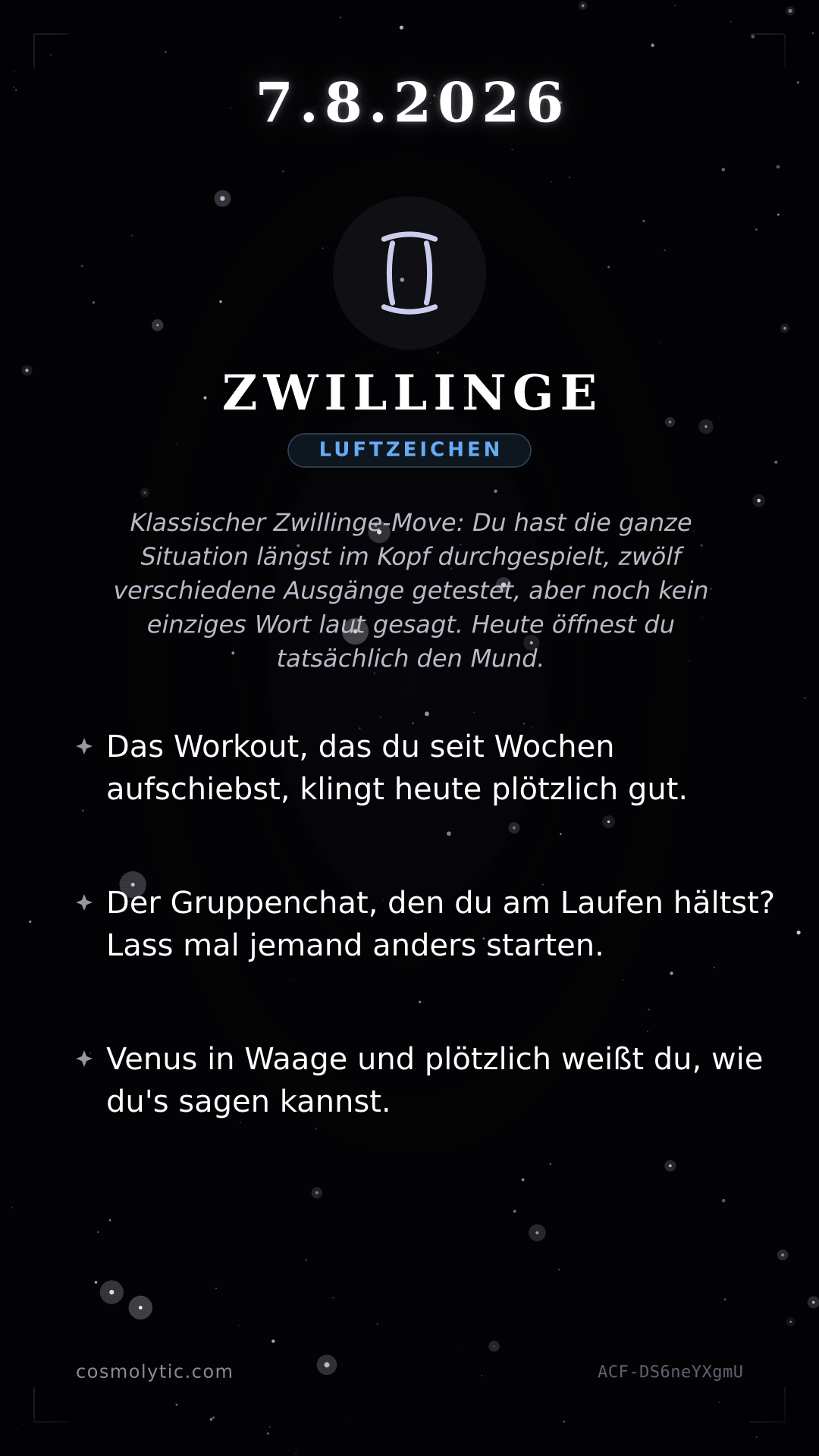 Zwillinge Tageshoroskop-Karte für 7. August 2026