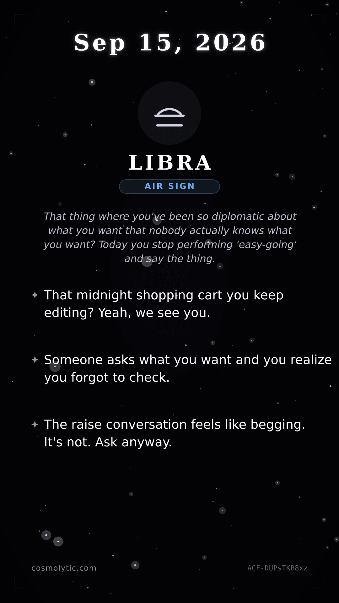 Libra daily horoscope card for September 15, 2026