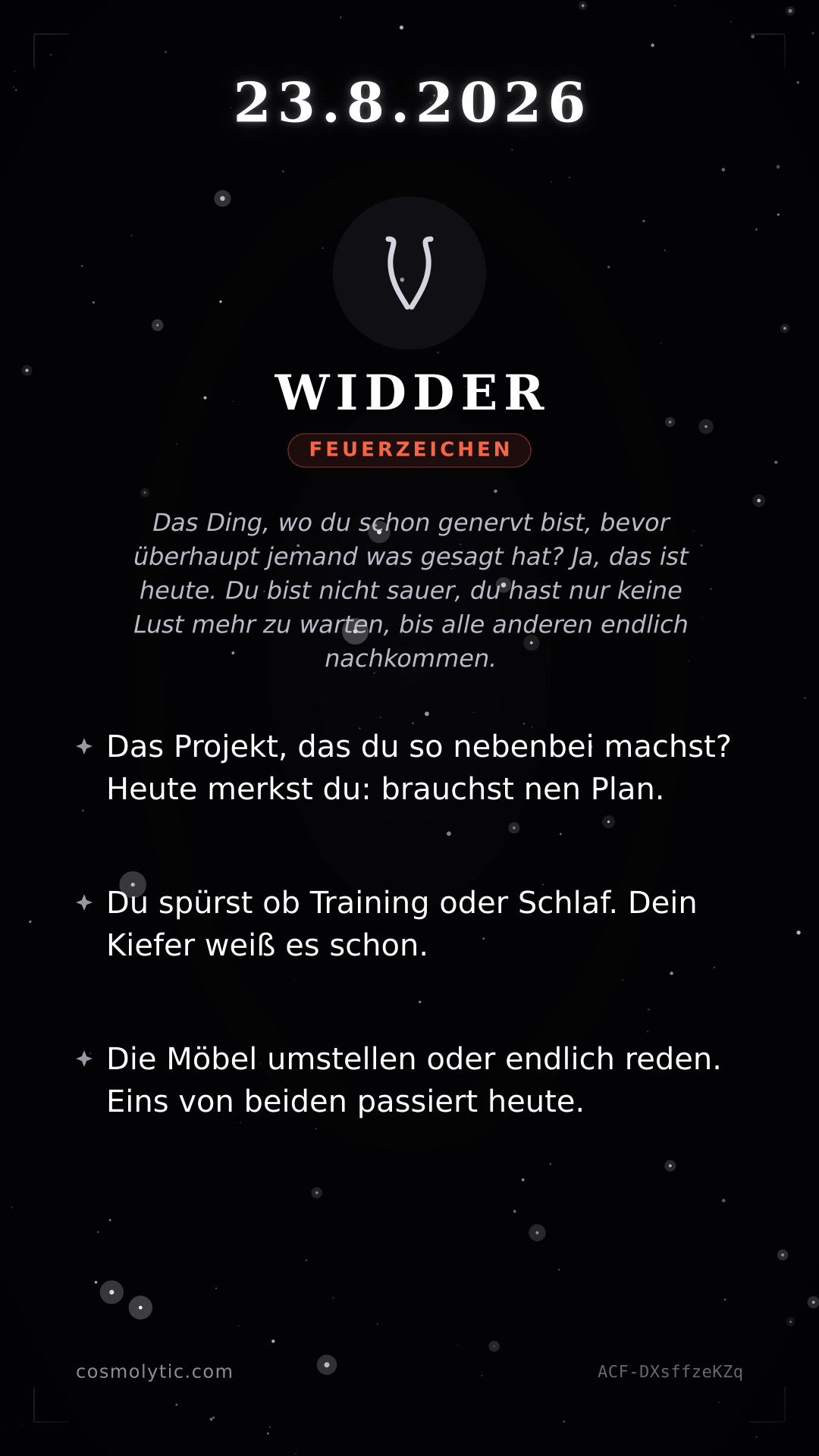 Widder Tageshoroskop-Karte für 23. August 2026