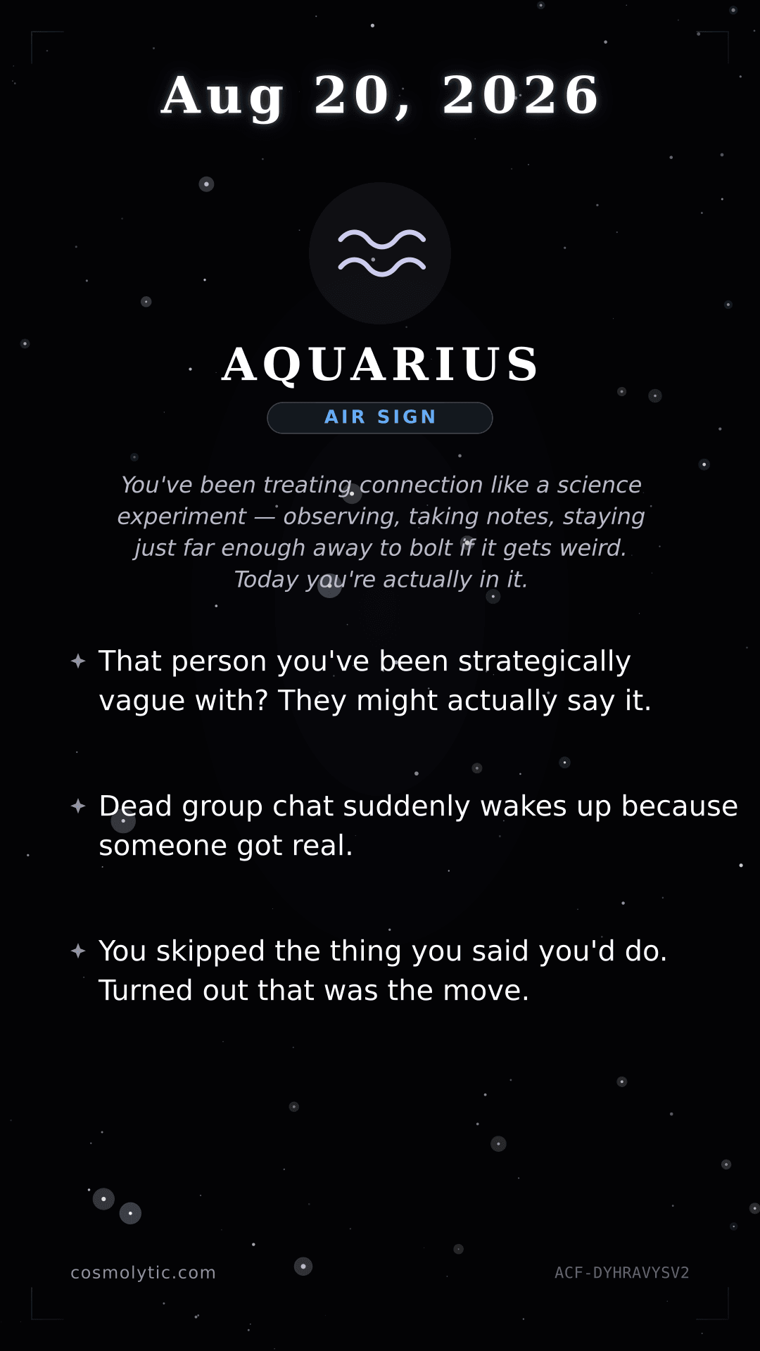 Aquarius daily horoscope card for August 20, 2026
