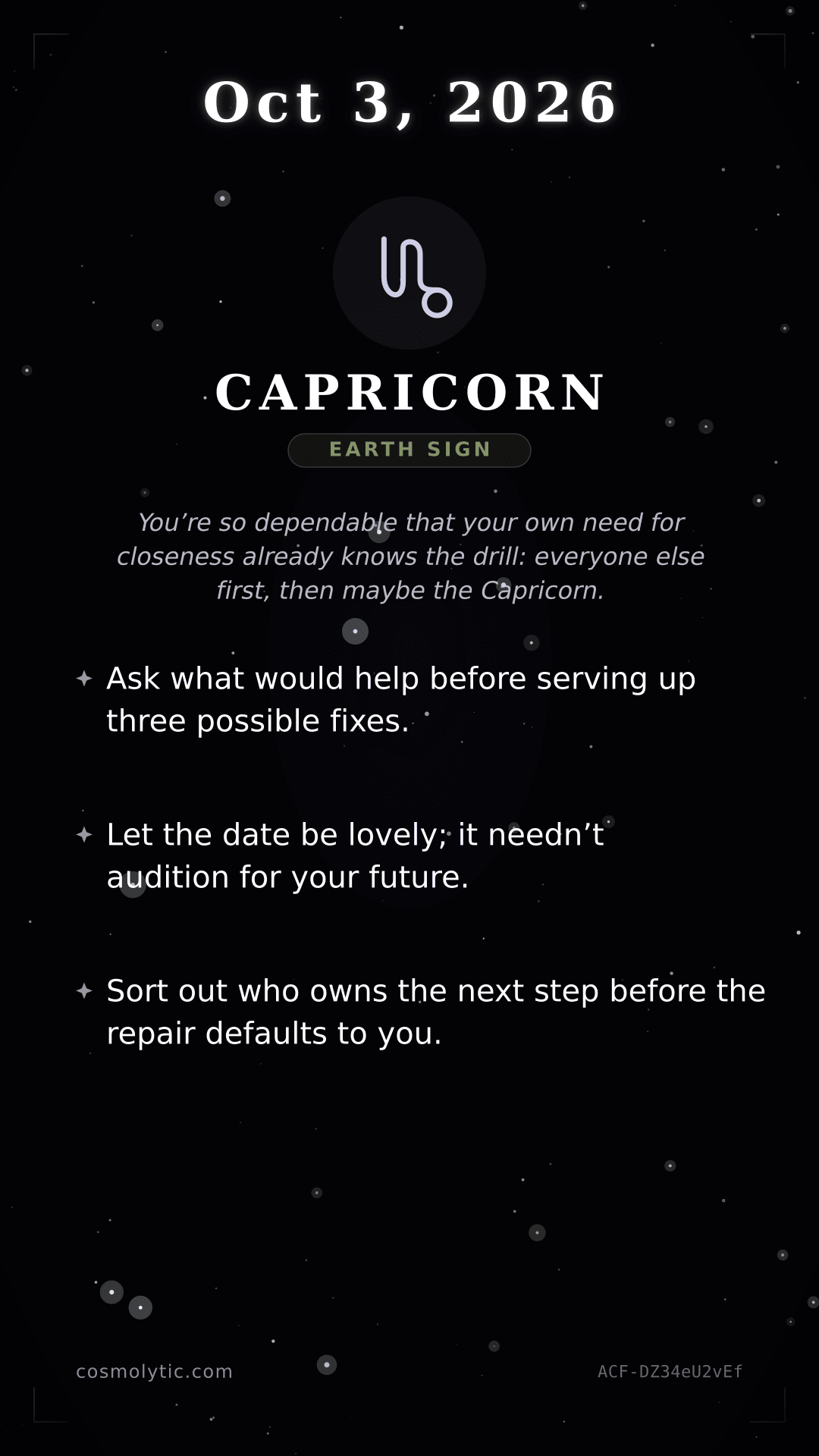 Capricorn daily horoscope card for October 3, 2026