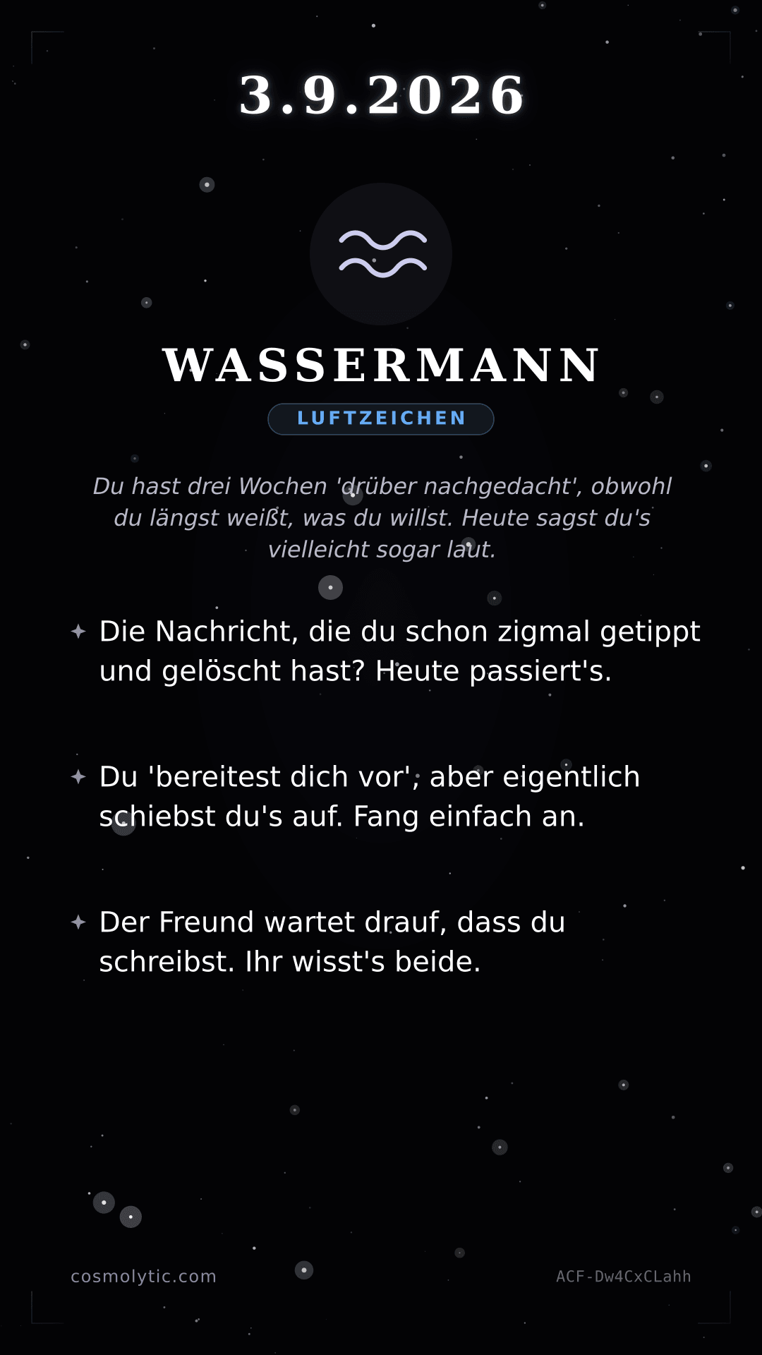 Wassermann Tageshoroskop-Karte für 3. September 2026