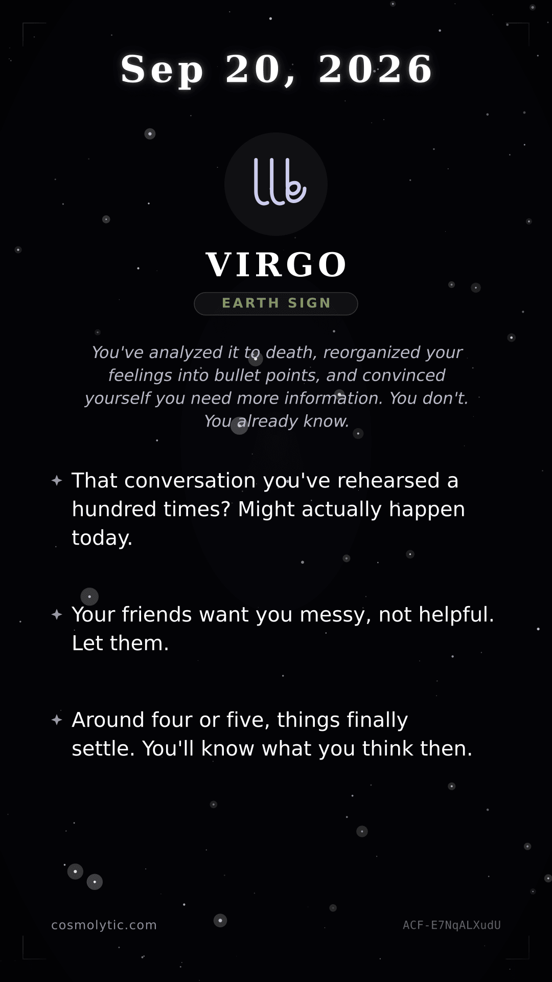 Virgo daily horoscope card for September 20, 2026