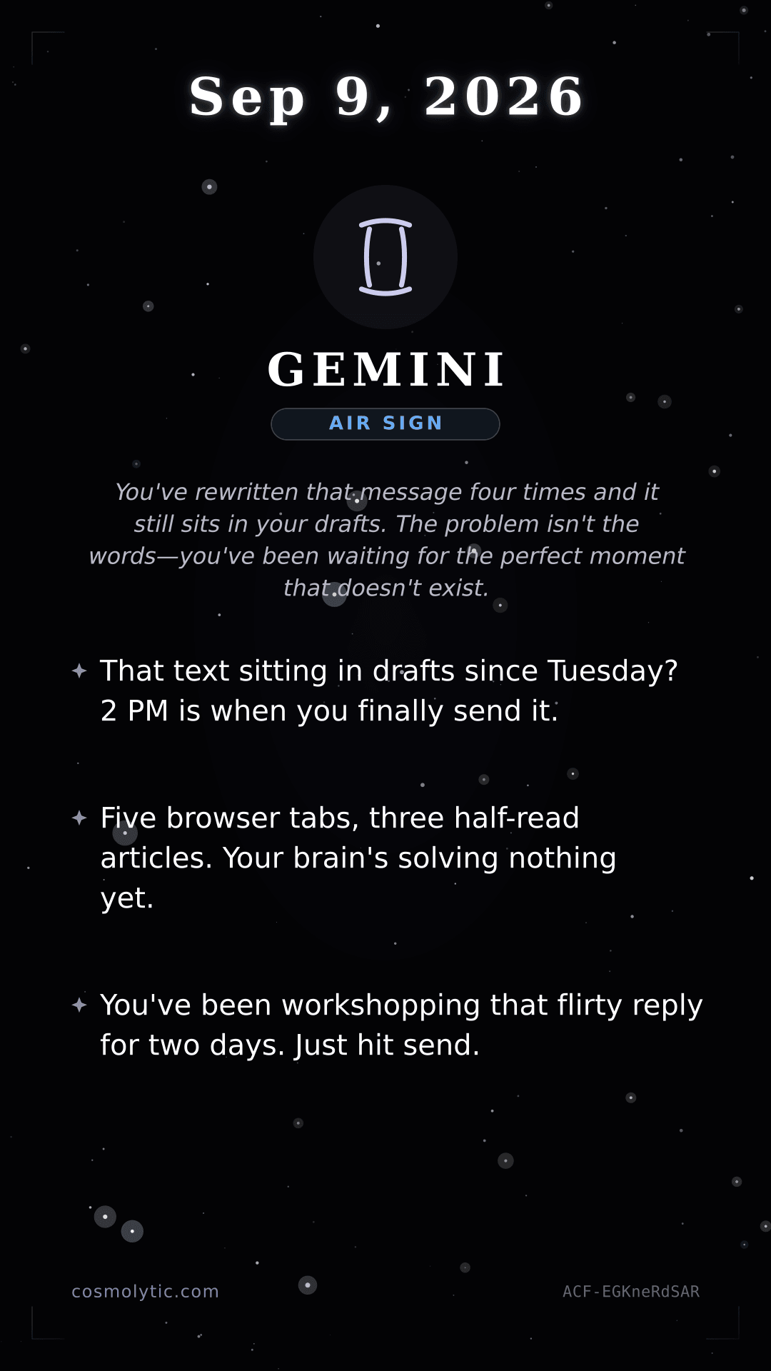 Gemini daily horoscope card for September 9, 2026