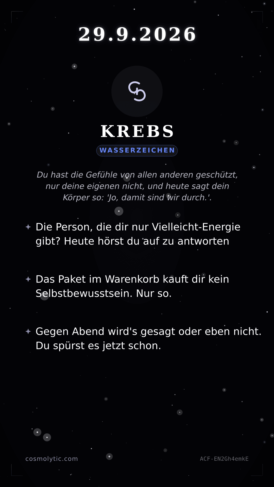 Krebs Tageshoroskop-Karte für 29. September 2026