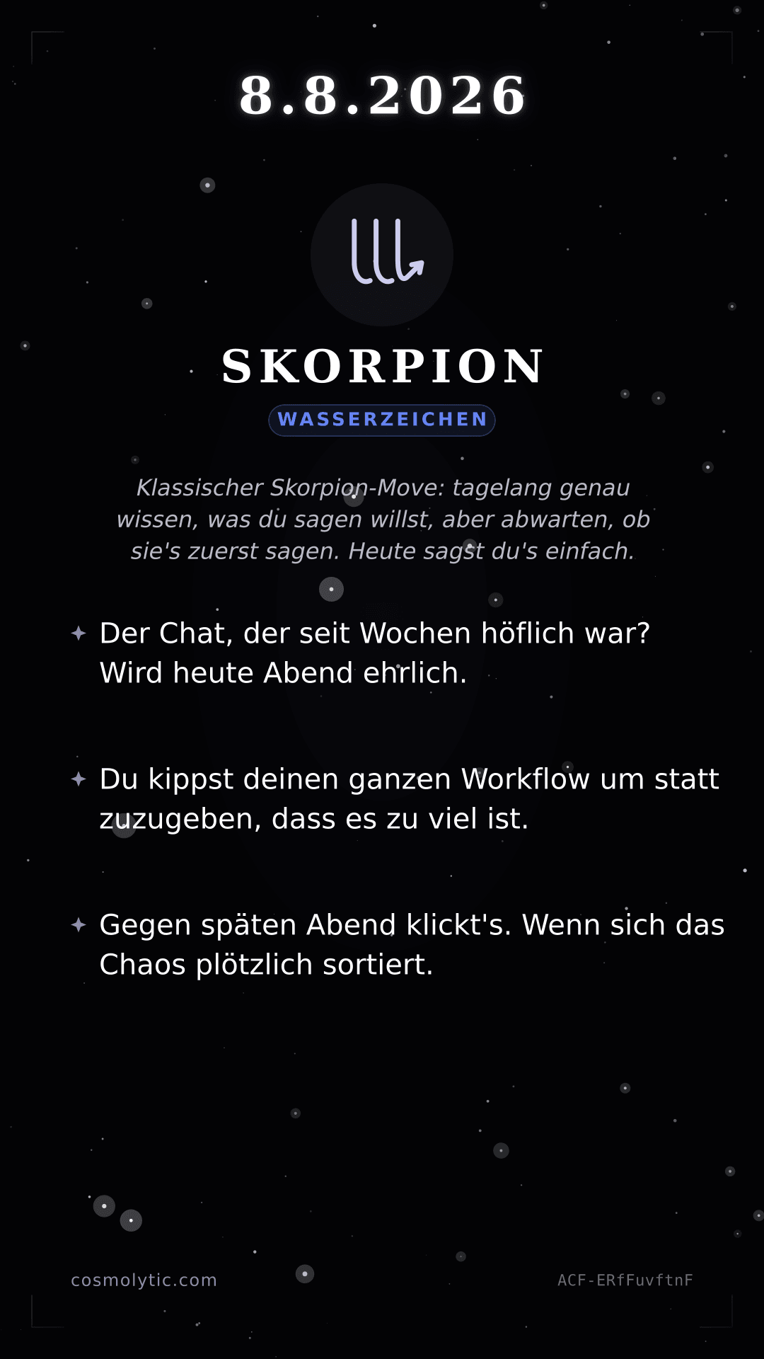 Skorpion Tageshoroskop-Karte für 8. August 2026