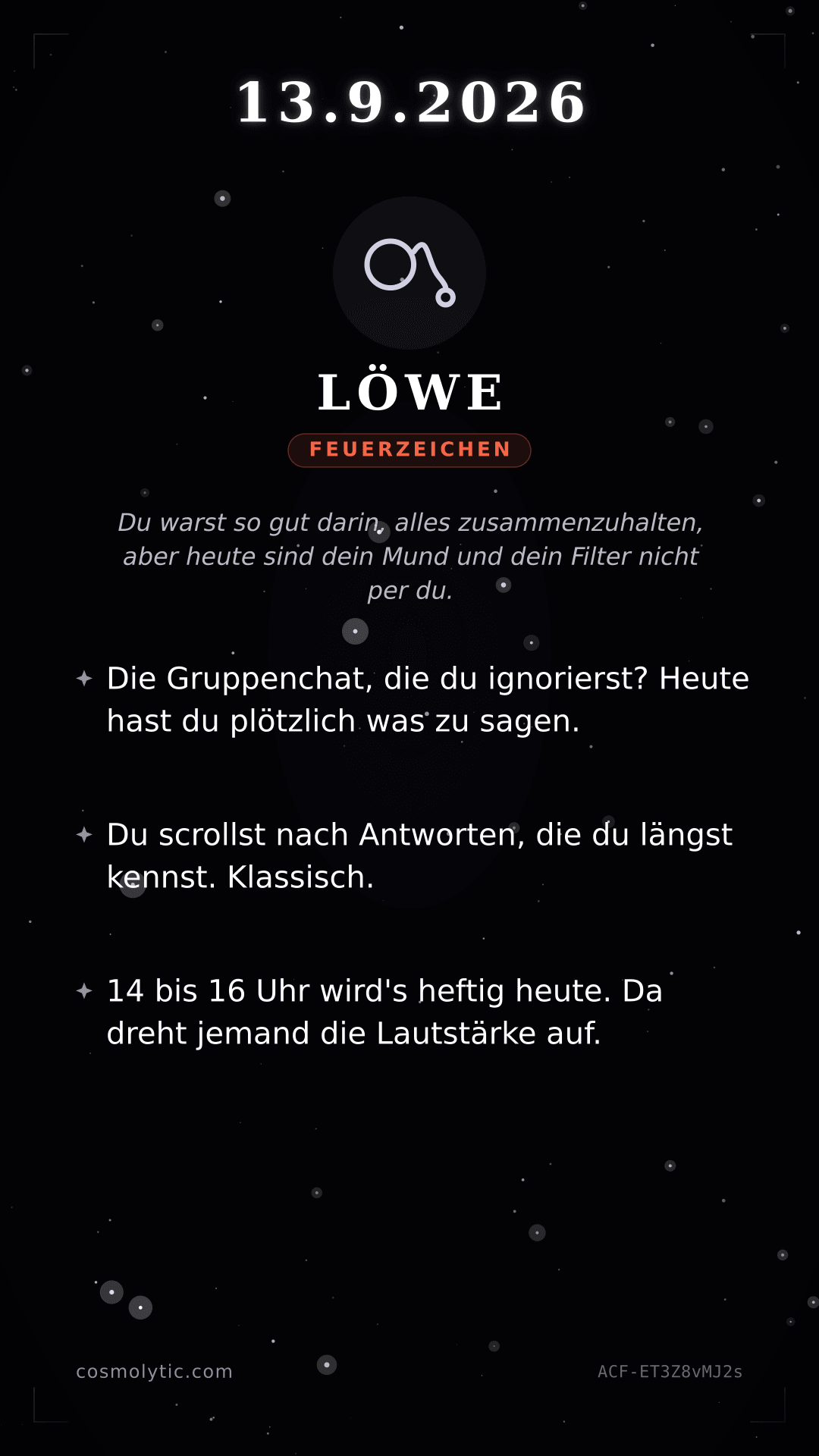 Löwe Tageshoroskop-Karte für 13. September 2026