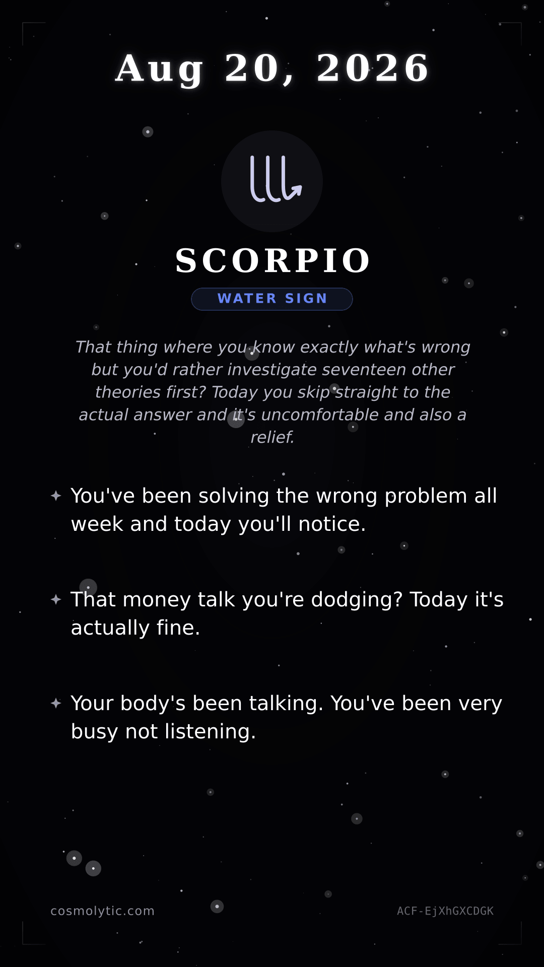 Scorpio daily horoscope card for August 20, 2026