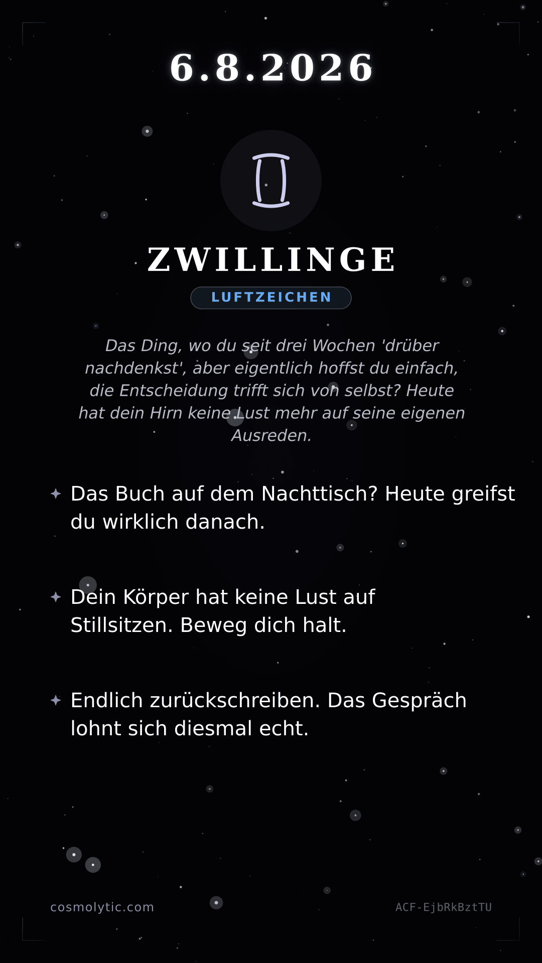 Zwillinge Tageshoroskop-Karte für 6. August 2026