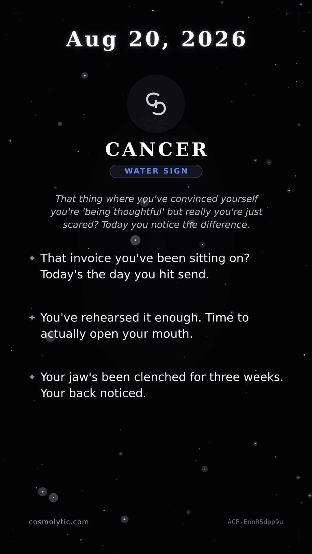 Cancer daily horoscope card for August 20, 2026