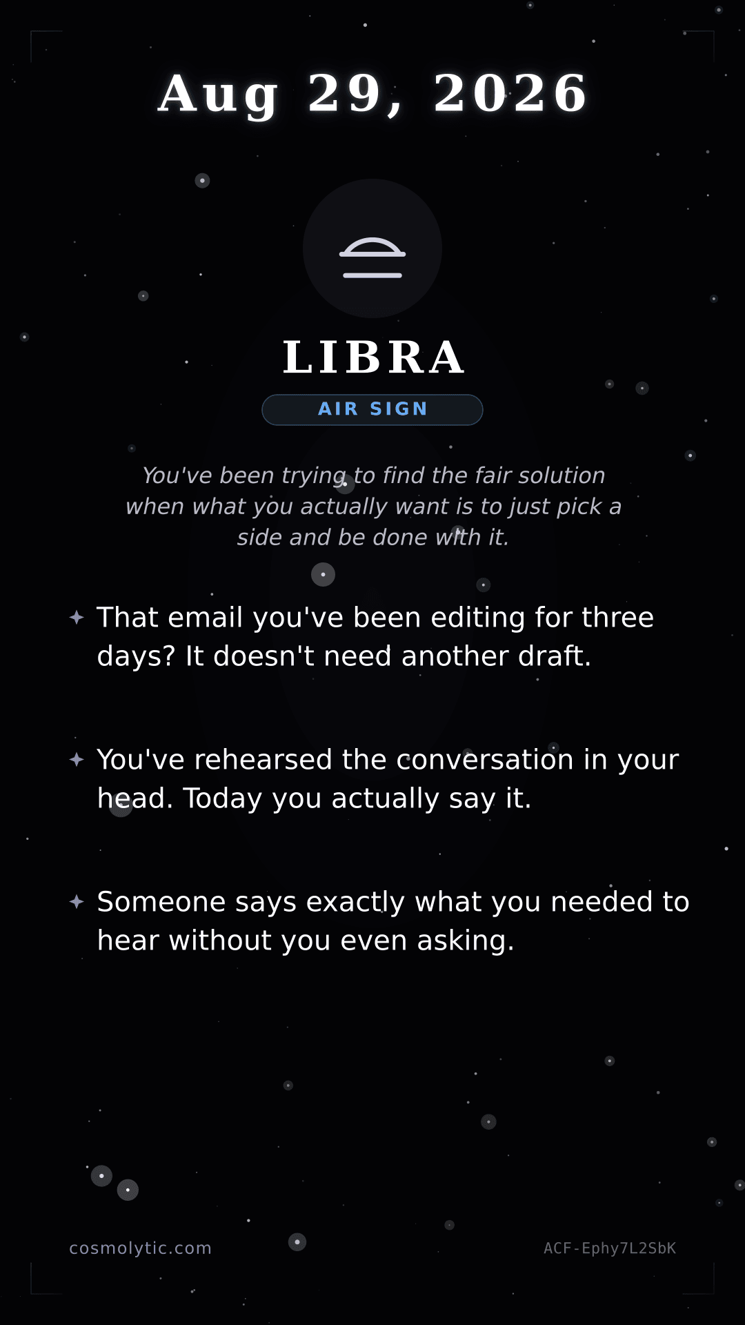 Libra daily horoscope card for August 29, 2026