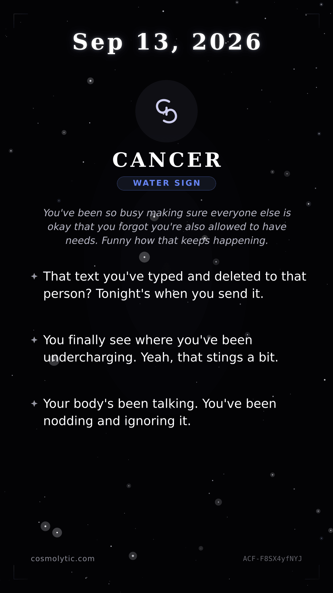 Cancer daily horoscope card for September 13, 2026