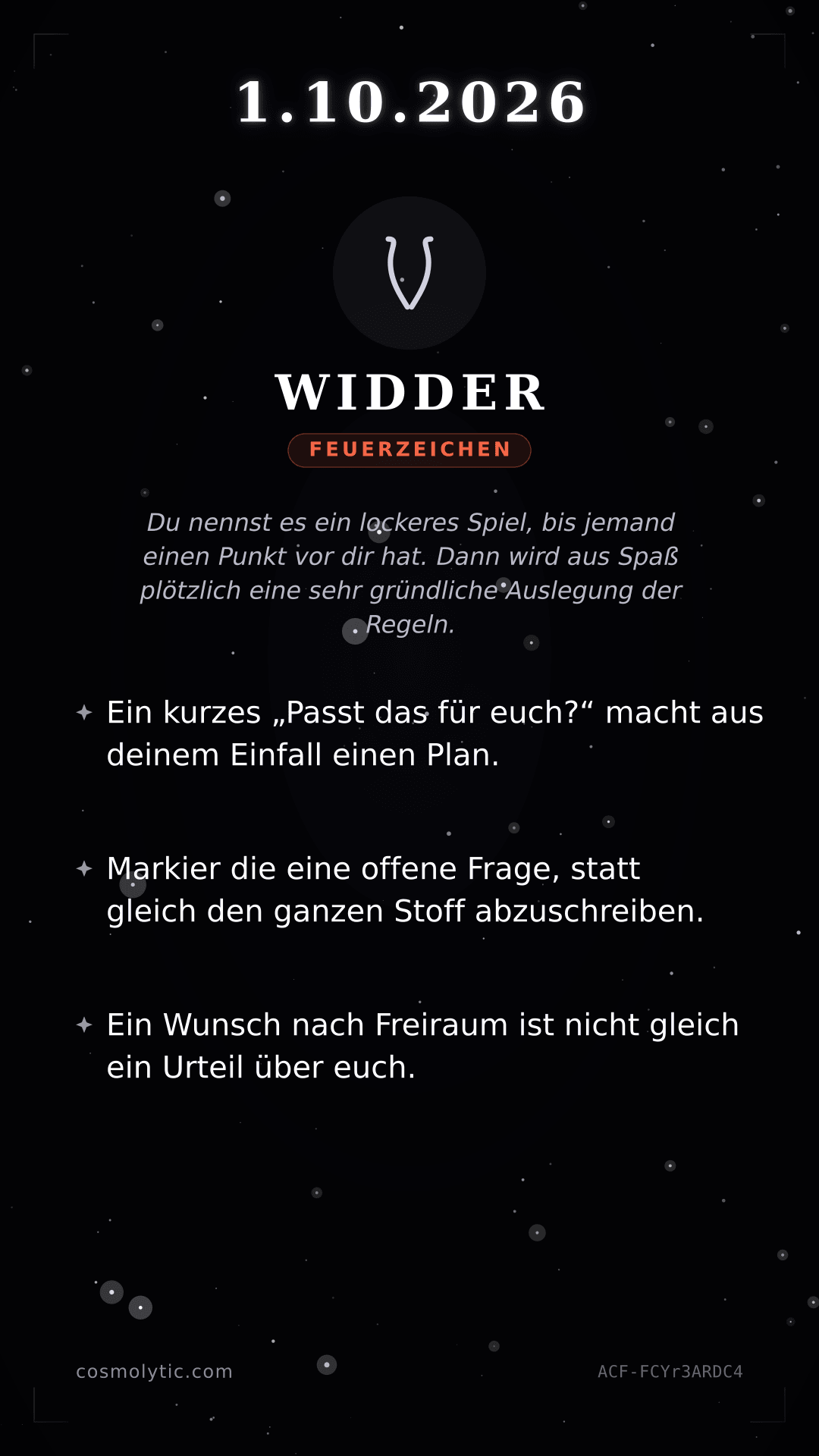 Widder Tageshoroskop-Karte für 1. Oktober 2026