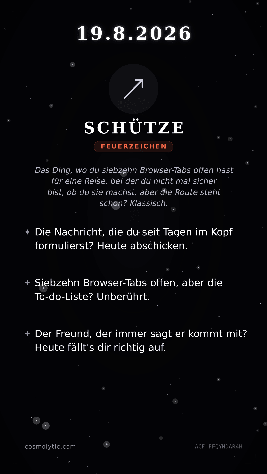 Schütze Tageshoroskop-Karte für 19. August 2026