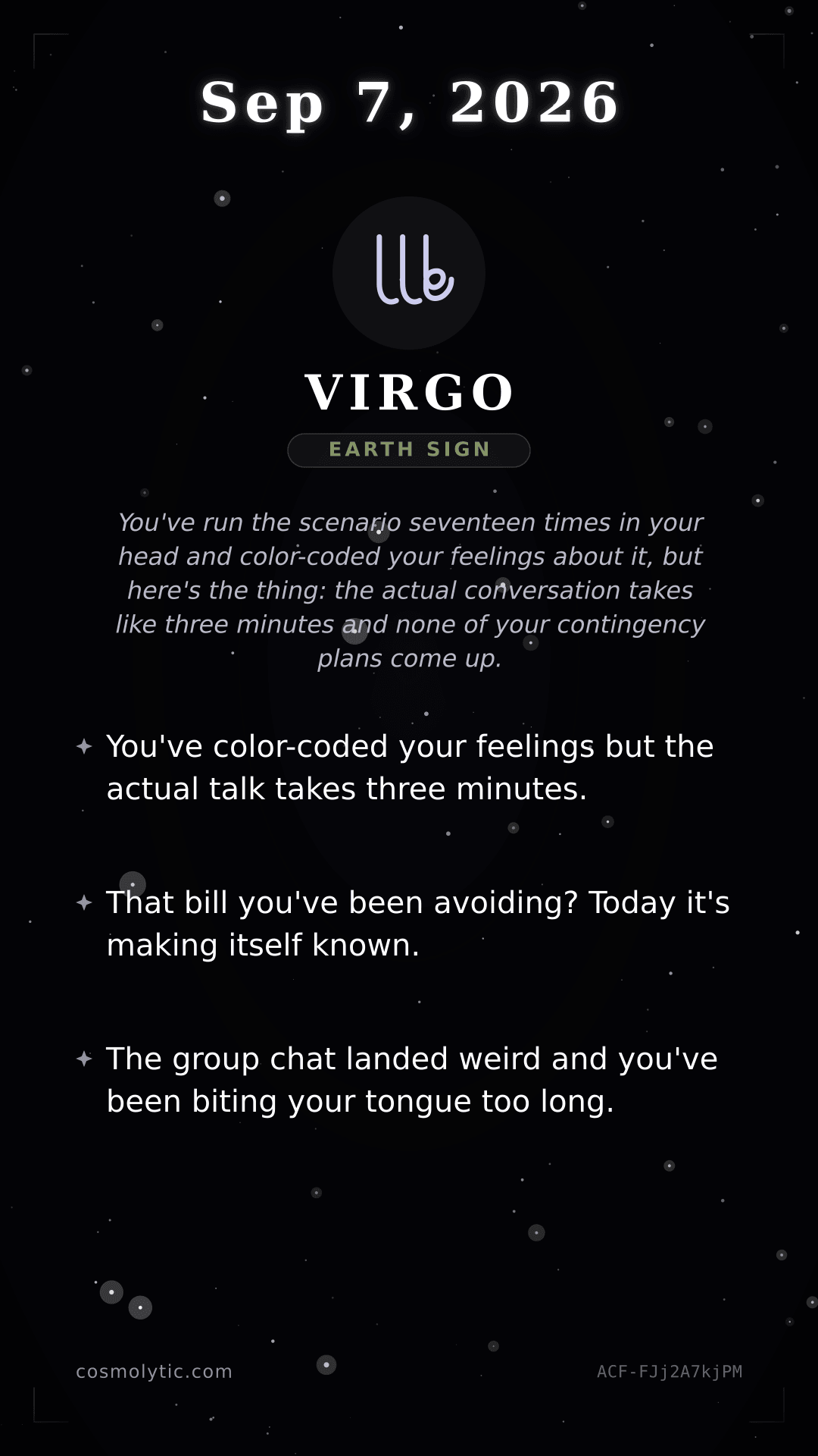 Virgo daily horoscope card for September 7, 2026