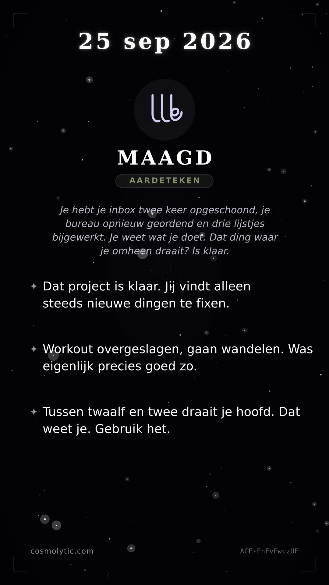 Maagd daghoroscoop kaart voor 25 september 2026