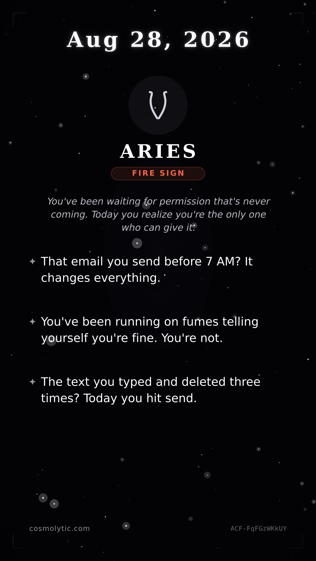 Aries daily horoscope card for August 28, 2026