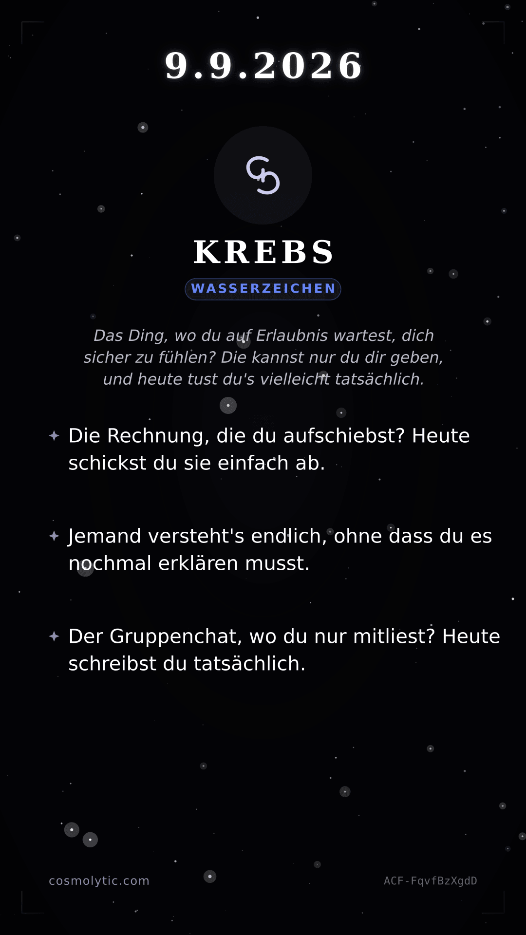 Krebs Tageshoroskop-Karte für 9. September 2026