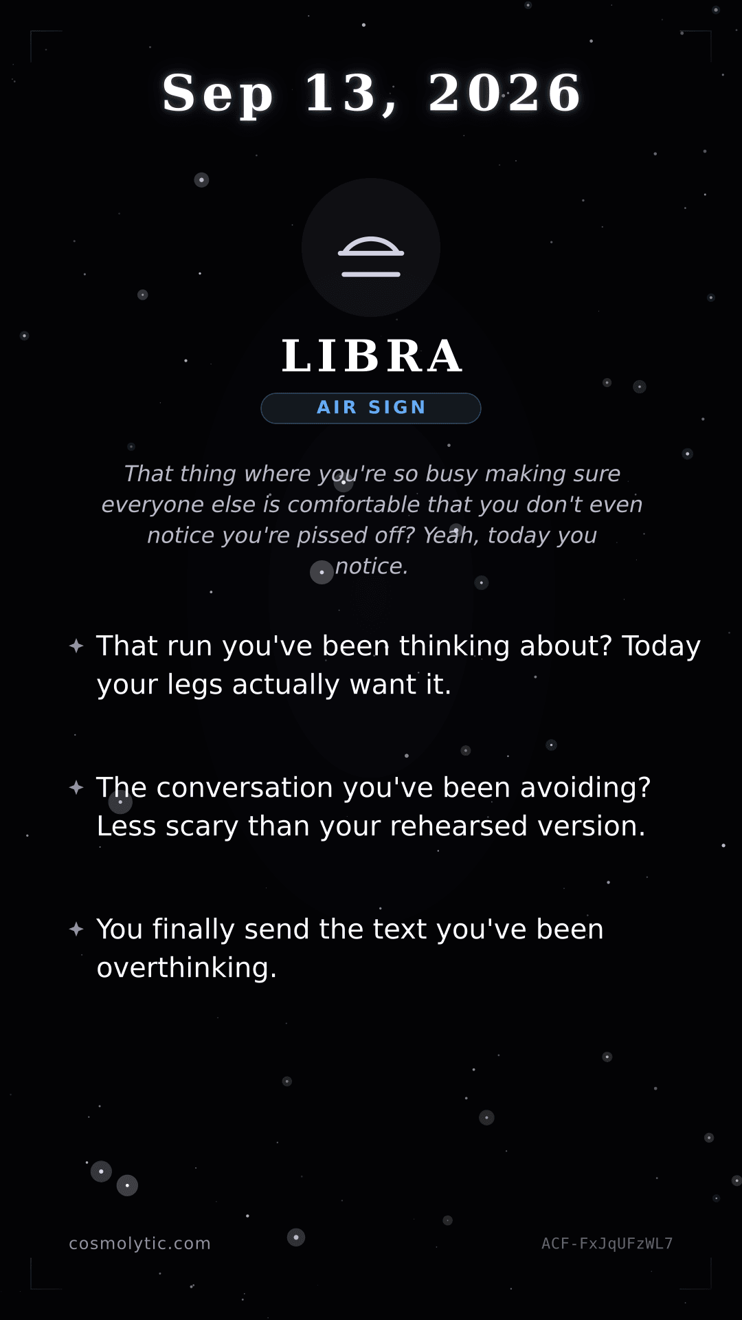 Libra daily horoscope card for September 13, 2026