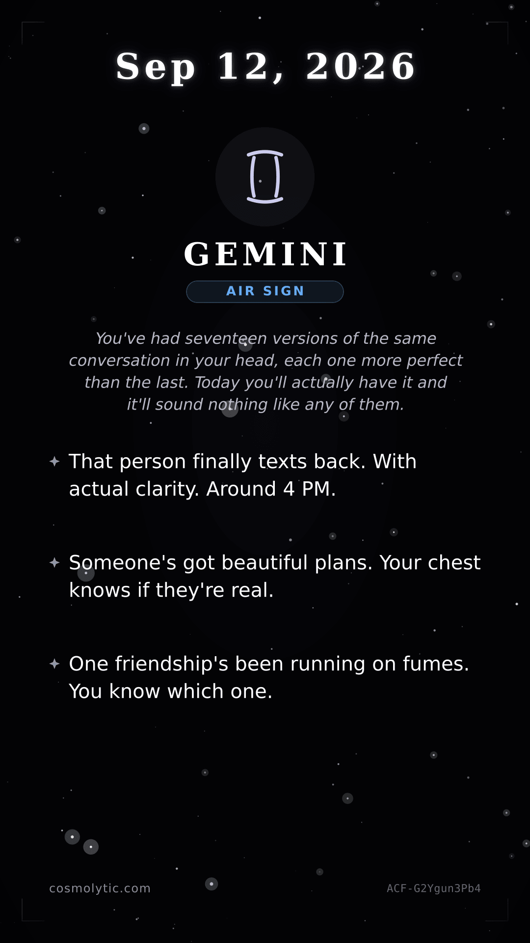 Gemini daily horoscope card for September 12, 2026