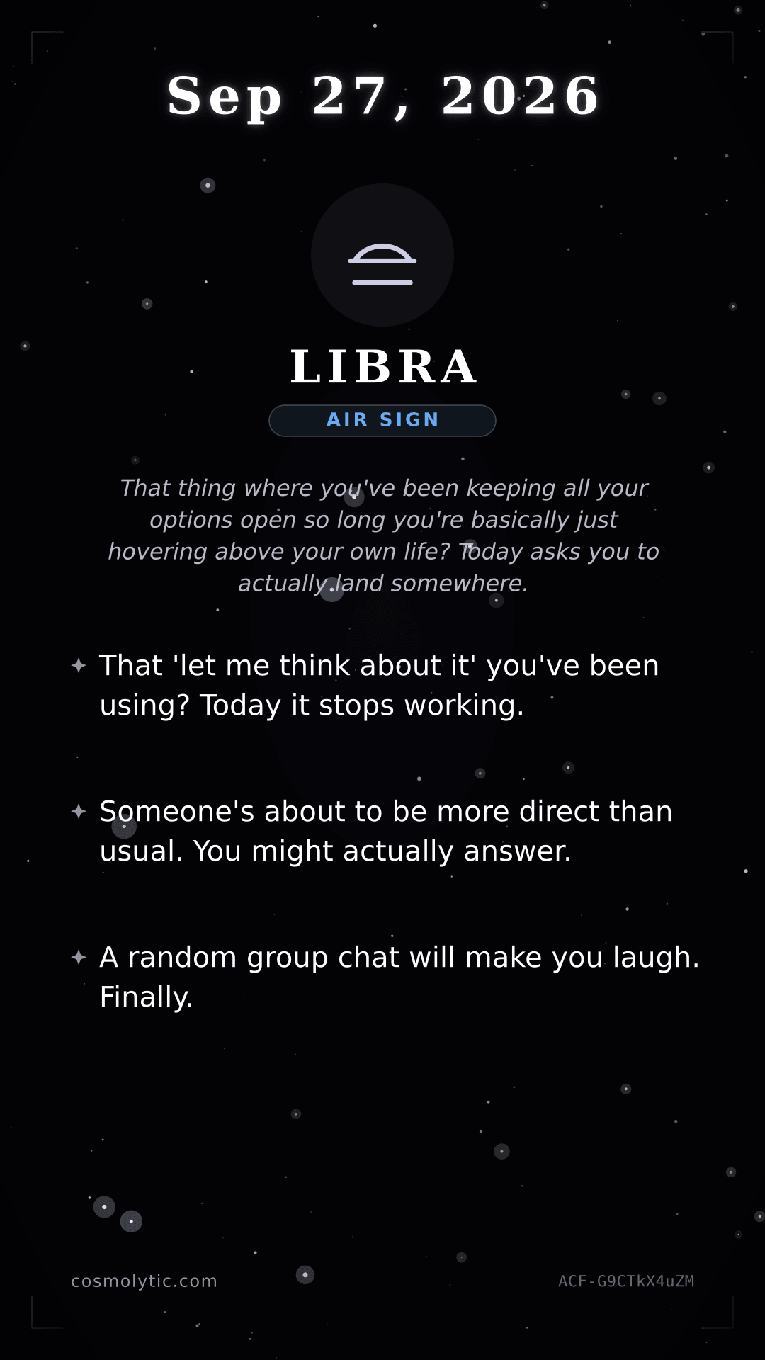 Libra daily horoscope card for September 27, 2026
