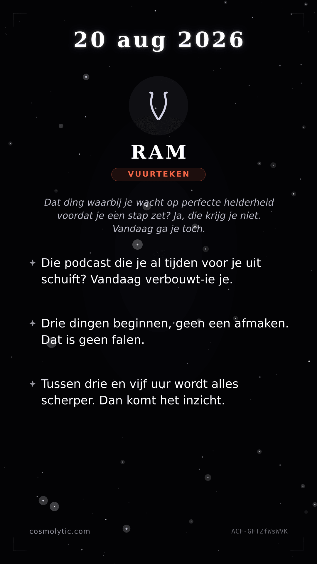Ram daghoroscoop kaart voor 20 augustus 2026