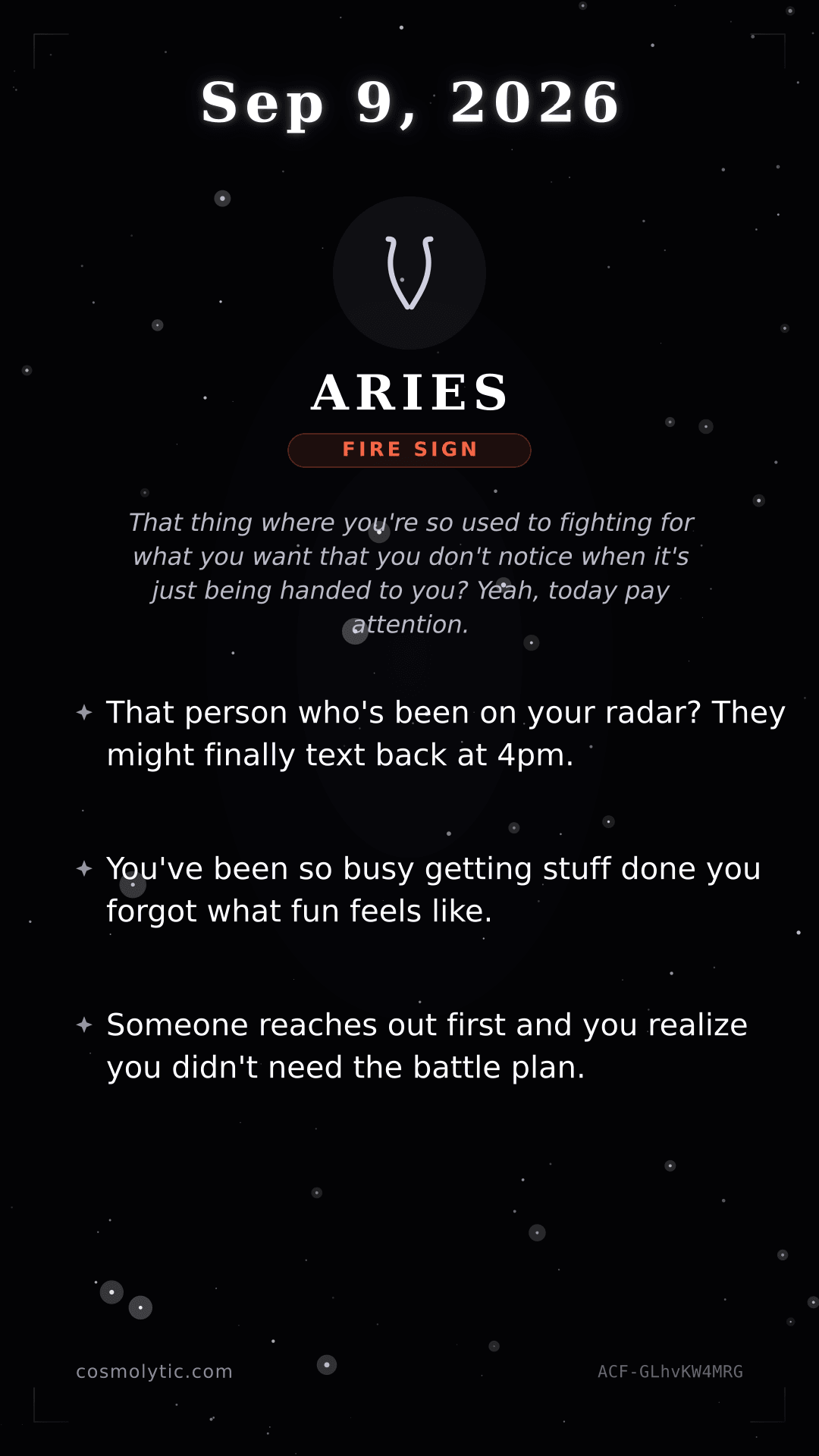 Aries daily horoscope card for September 9, 2026