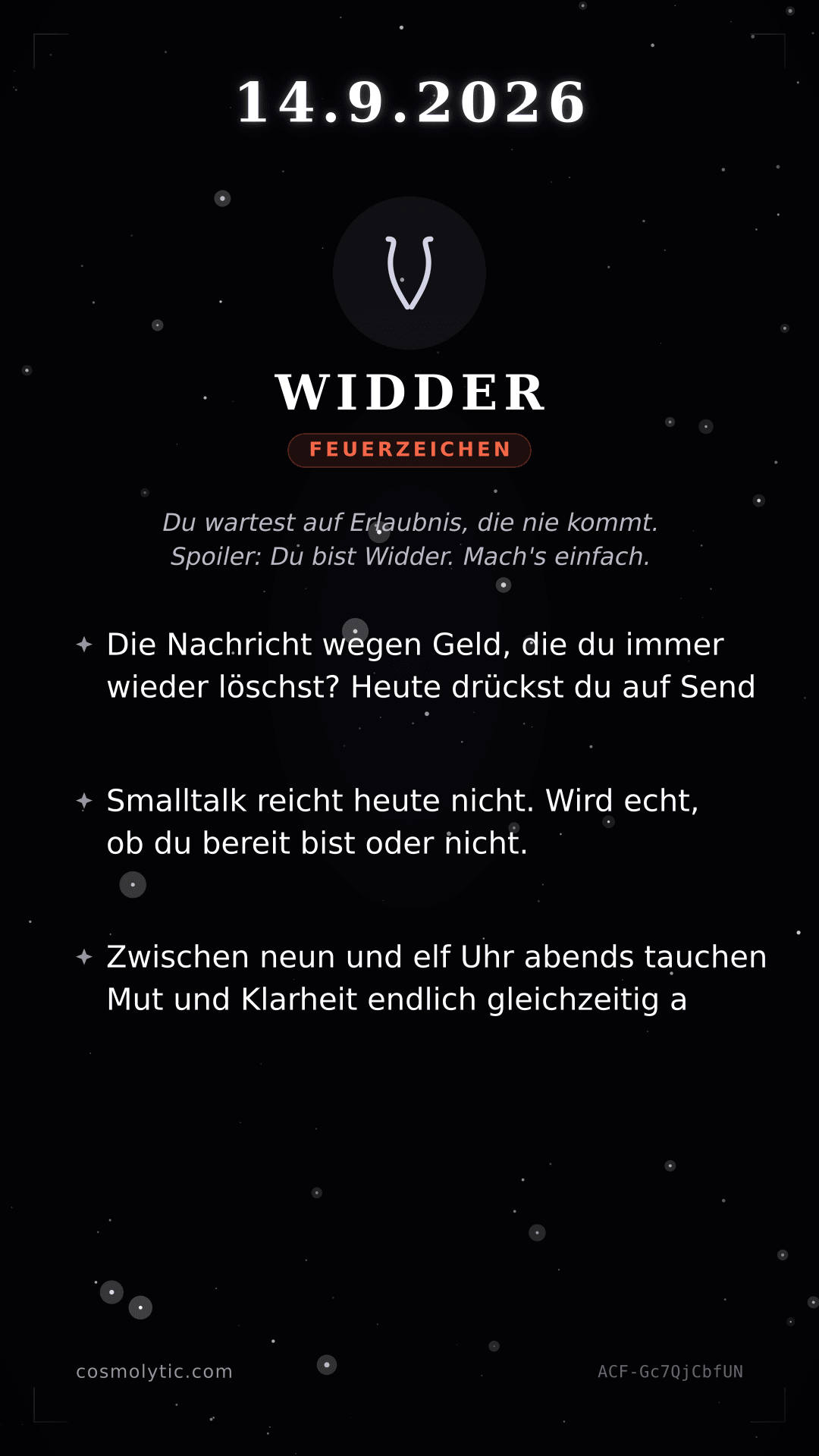 Widder Tageshoroskop-Karte für 14. September 2026
