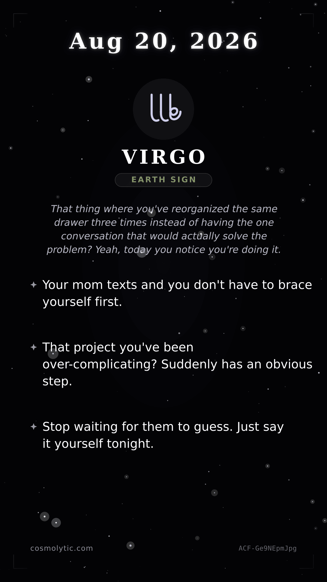 Virgo daily horoscope card for August 20, 2026