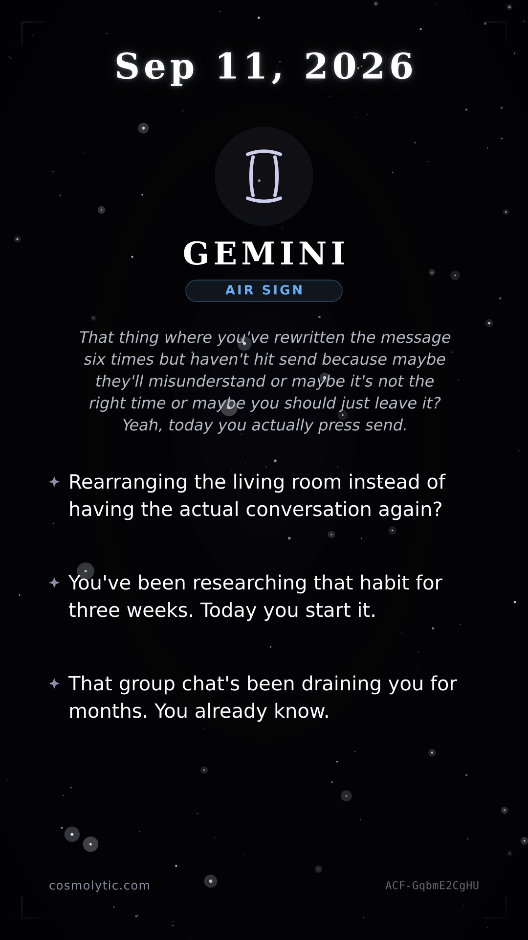 Gemini daily horoscope card for September 11, 2026
